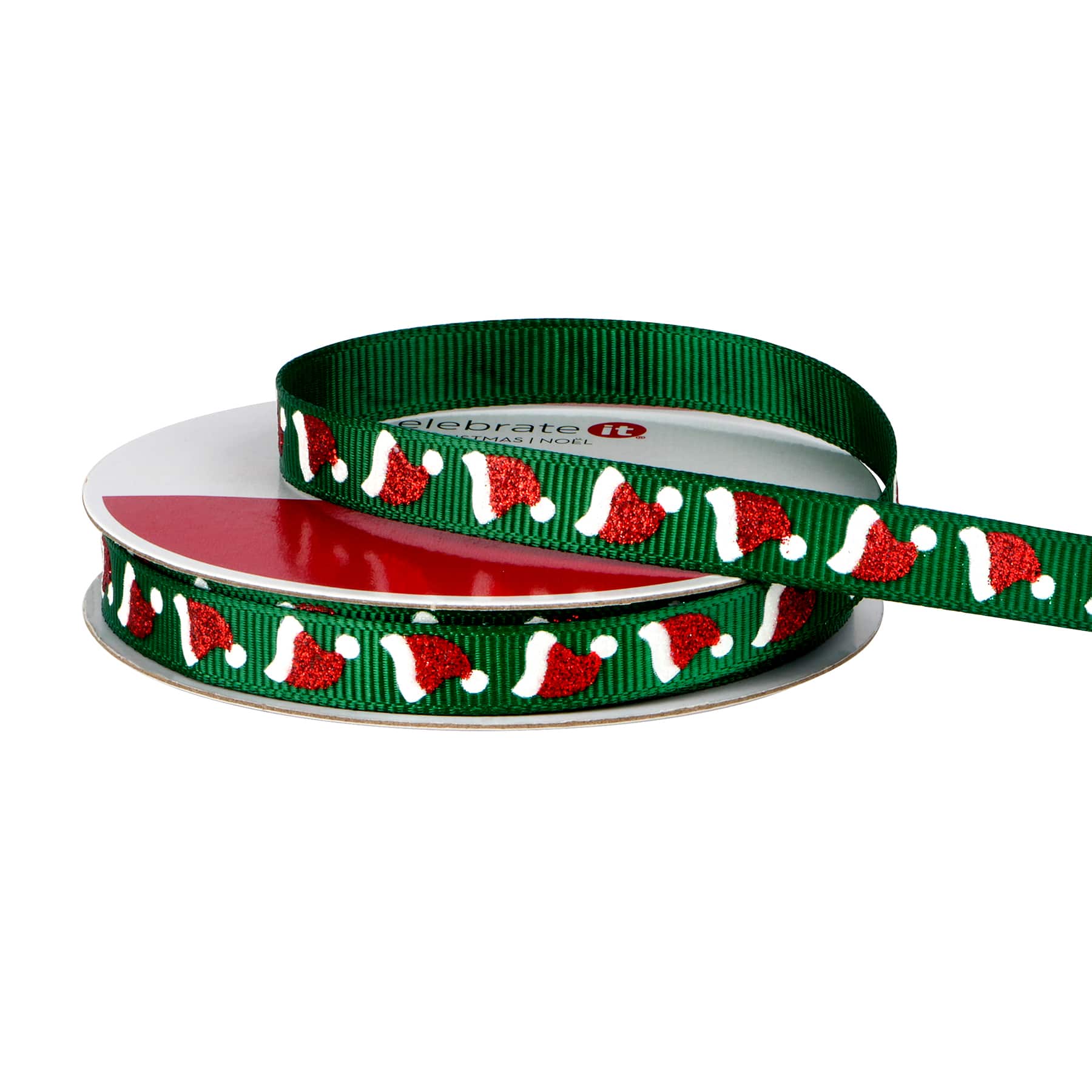 3/8&#x22; x 12ft. Green Santa Hats Ribbon by Celebrate It&#xAE; Christmas