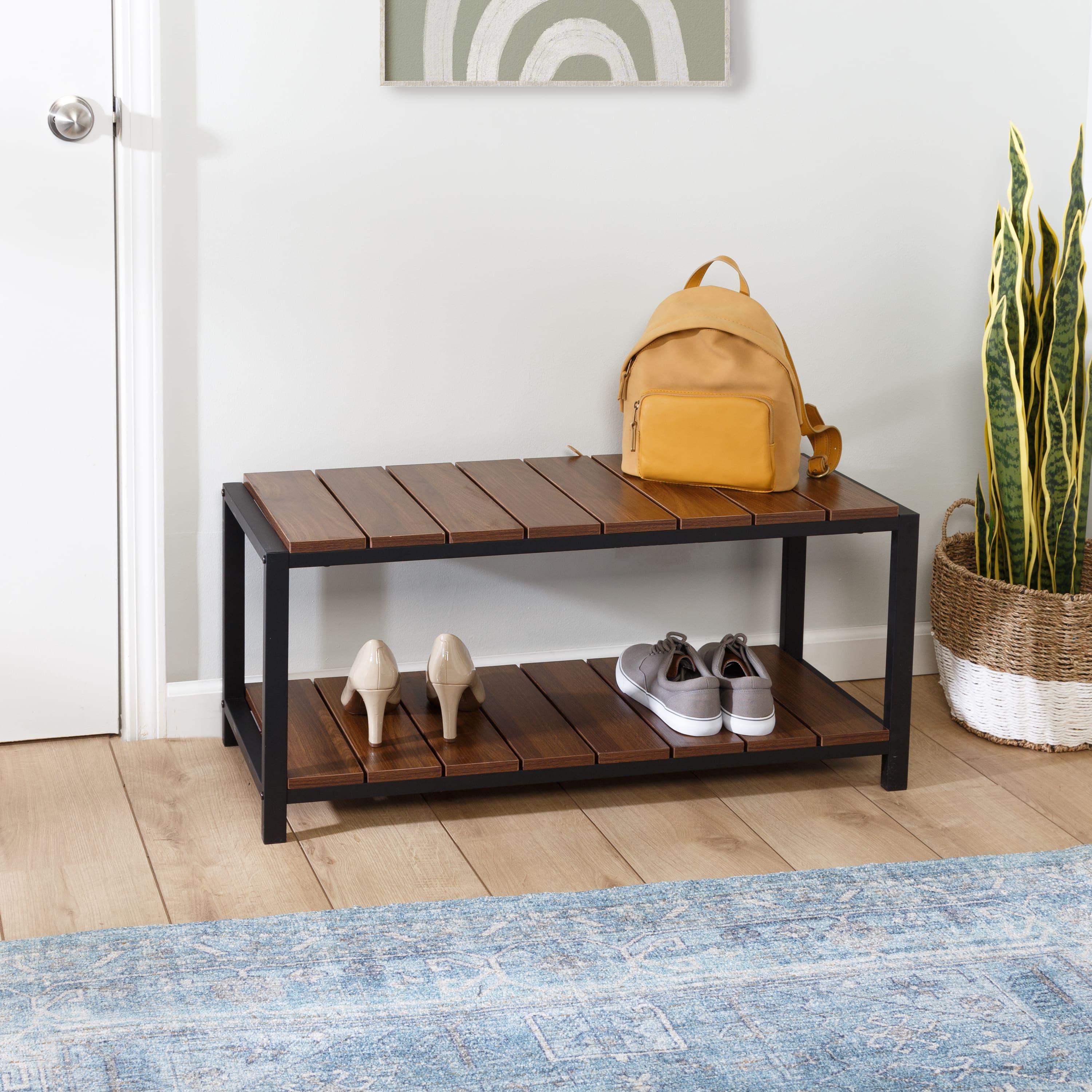 Honey Can Do Walnut 2-Tier Entryway Shoe Bench