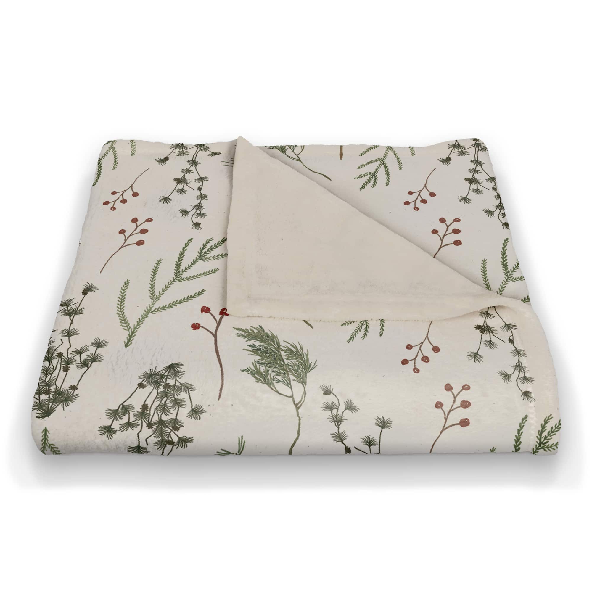 Pine Greenery on White Coral Fleece Blanket