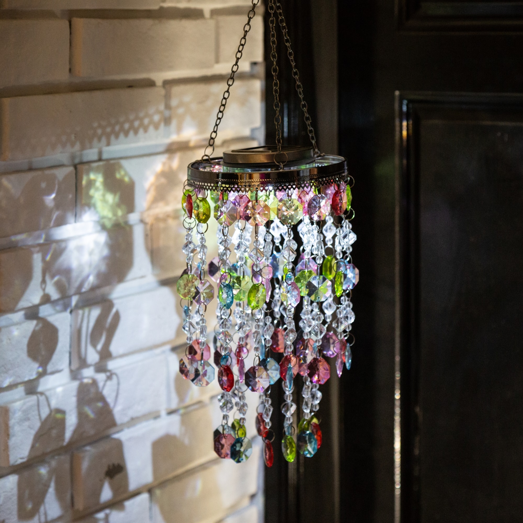 Glitzhome&#xAE; 18.75&#x22; Solar Lighted Hanging D&#xE9;cor with Multicolored Acrylic Jewel Beads