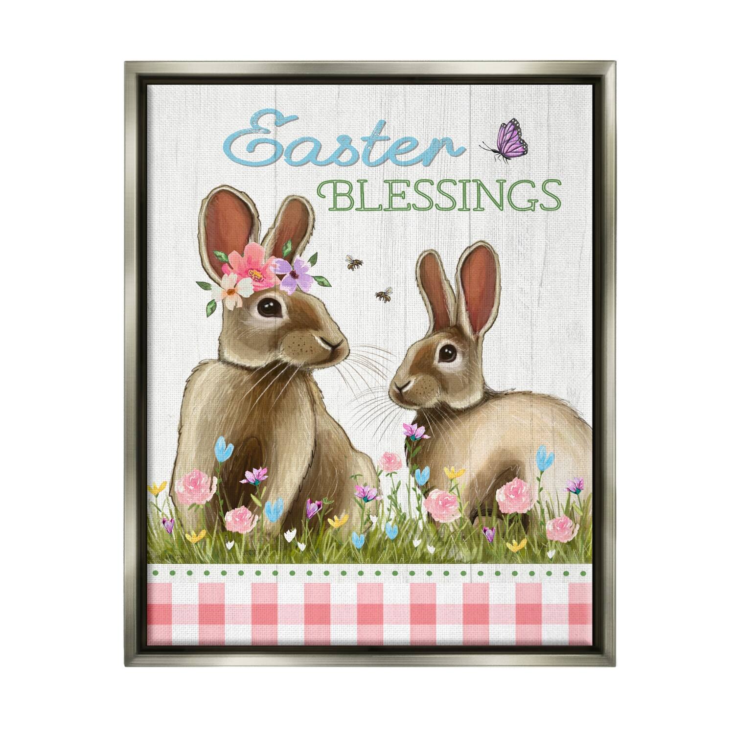 Stupell Industries Easter Blessings Gingham Spring Bunnies Floater Framed Art