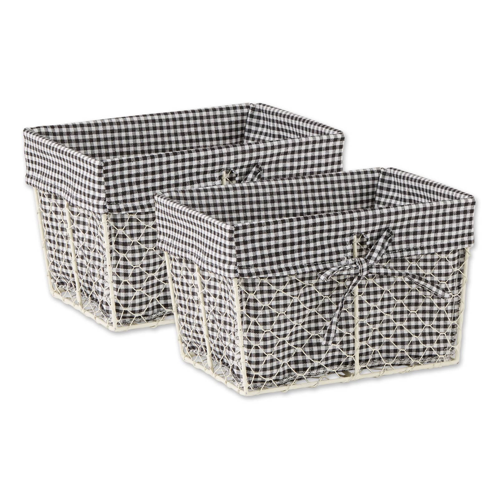 DII® Medium Antique White Chicken Wire Baskets with Black Gingham Liners, 2ct.