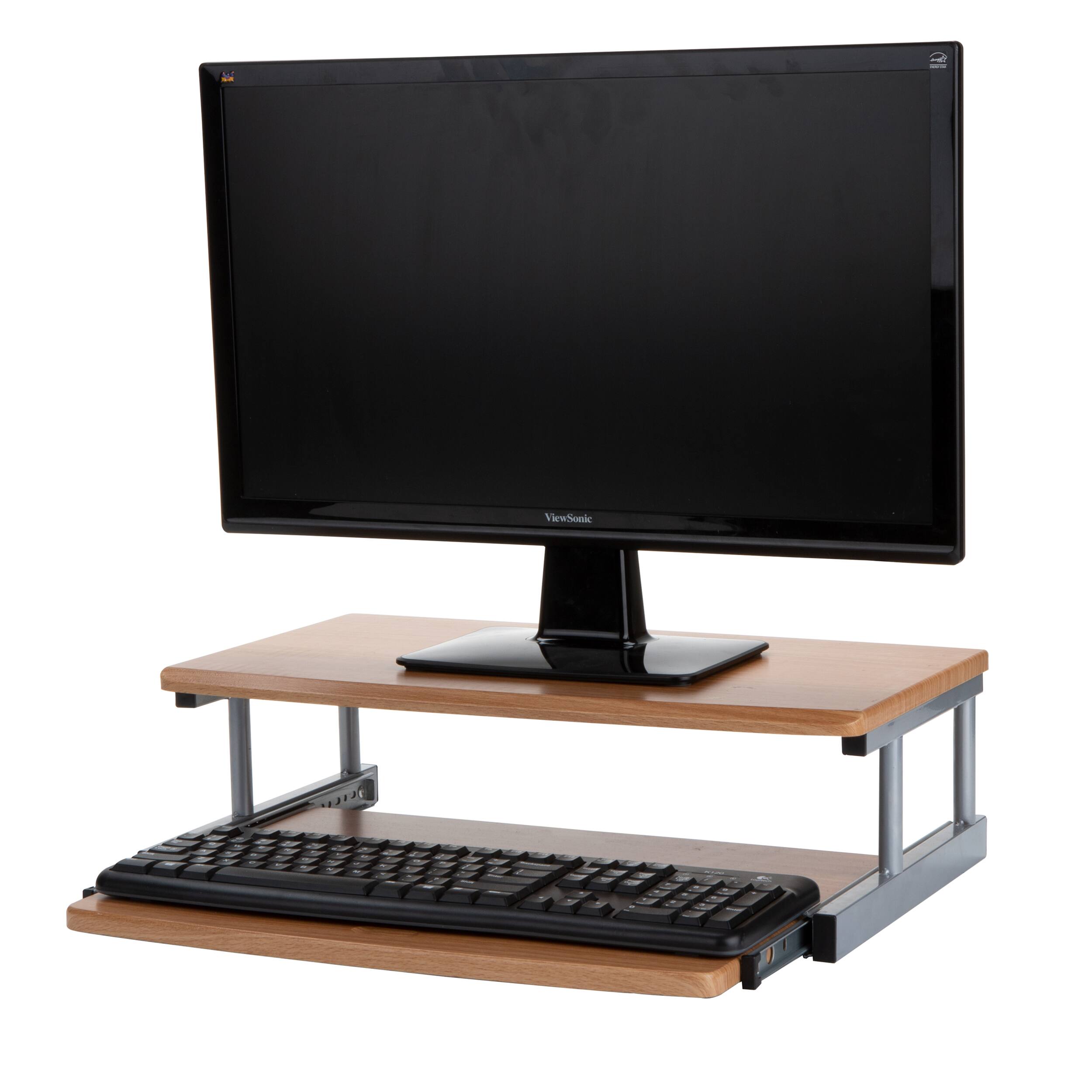 Mind Reader Brown 2-Tier Monitor Stand Riser with Sliding Drawer