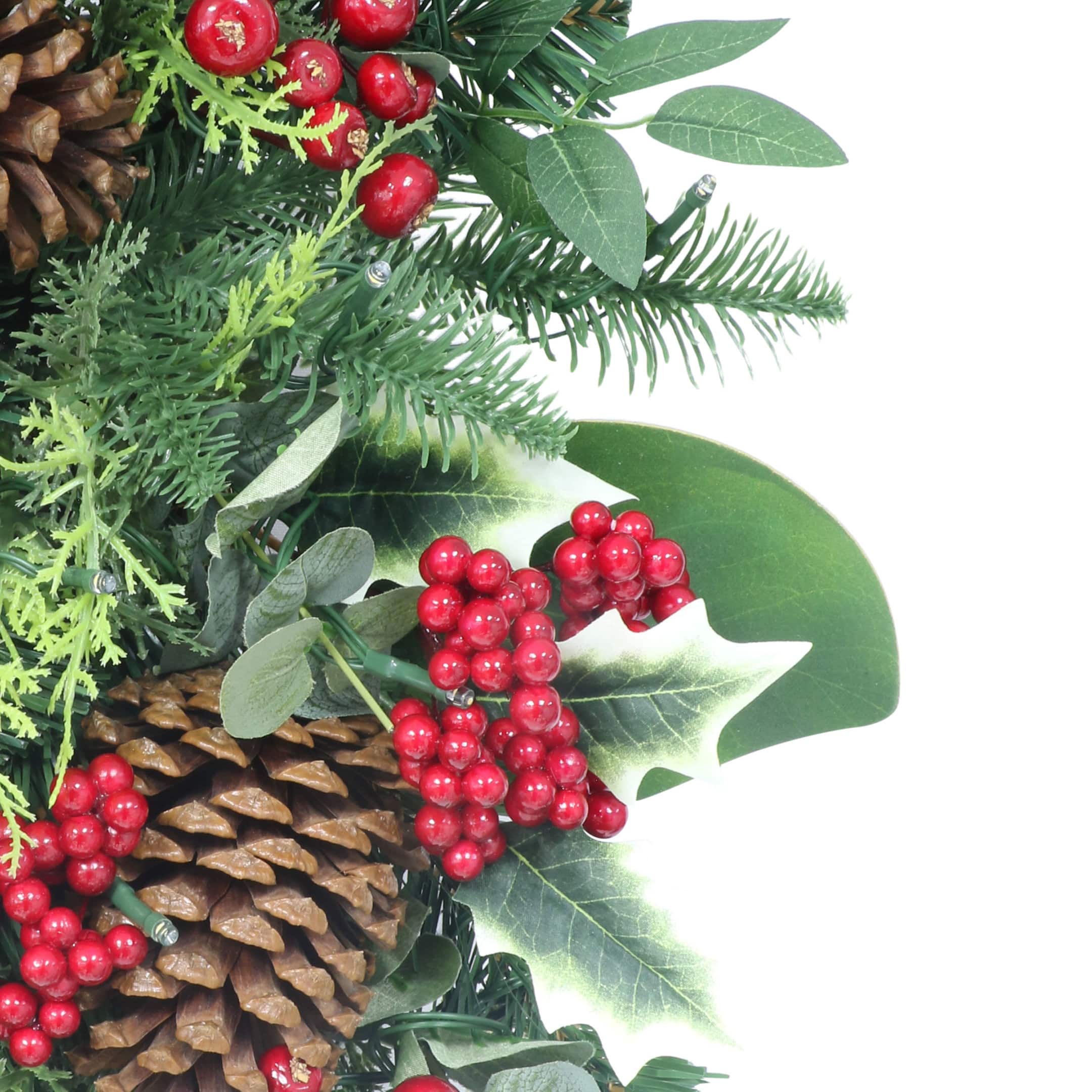 26&#x22; Battery-Operated Pre-Lit Decorated Artificial Wreath with Red Bow