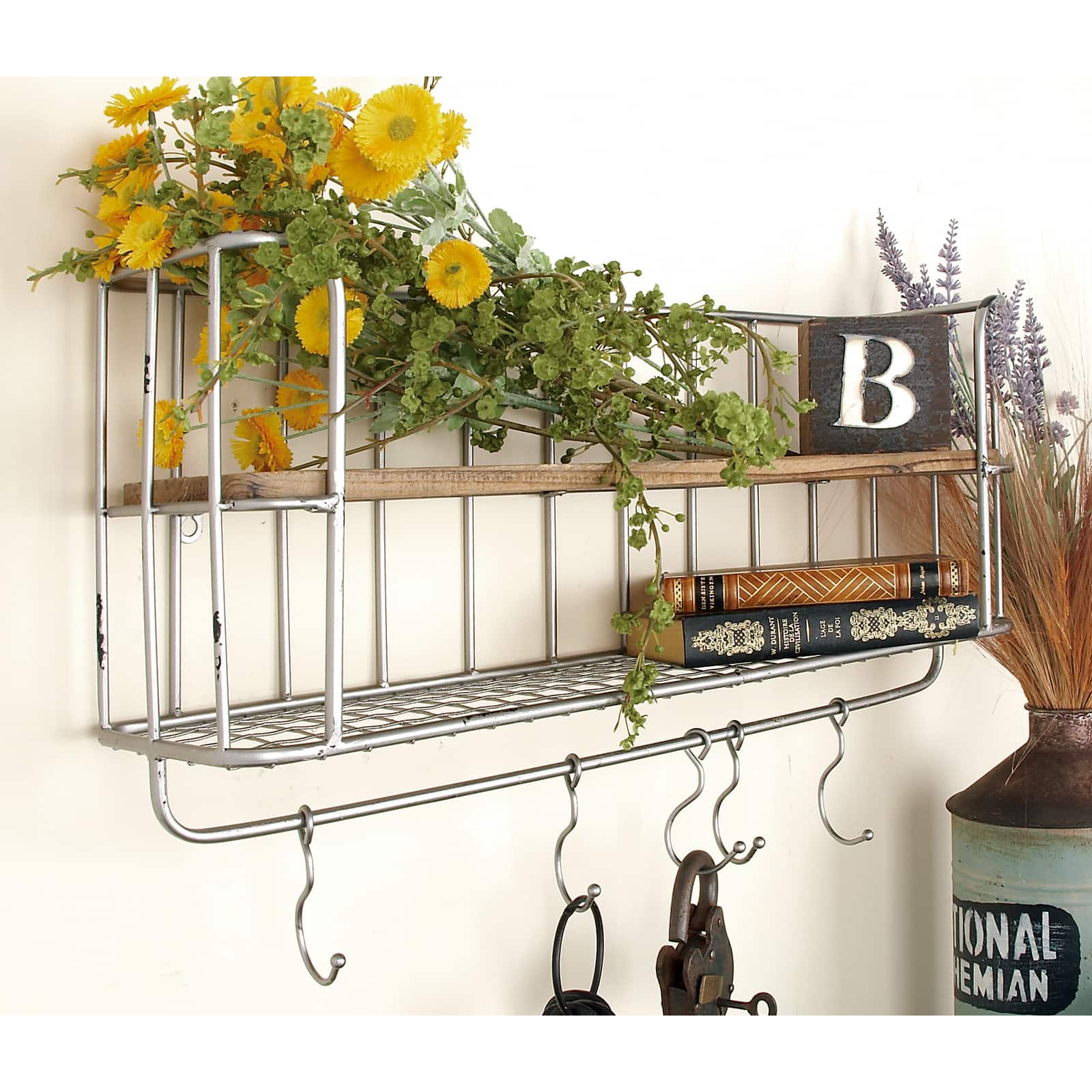 Set of 2 Silver Metal Basket & Wooden Wall Shelf Units With Hooks