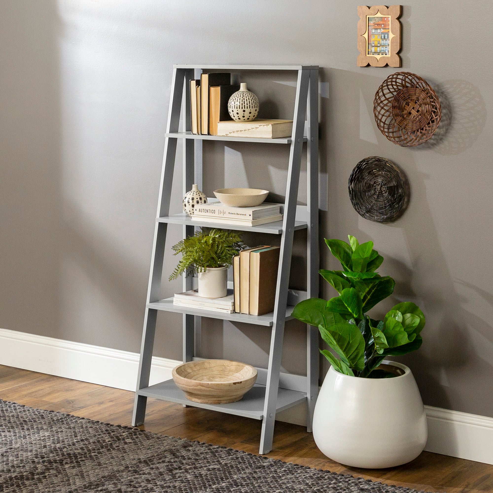 Walker Edison 55&#x22; Gray Modern Ladder Bookshelf