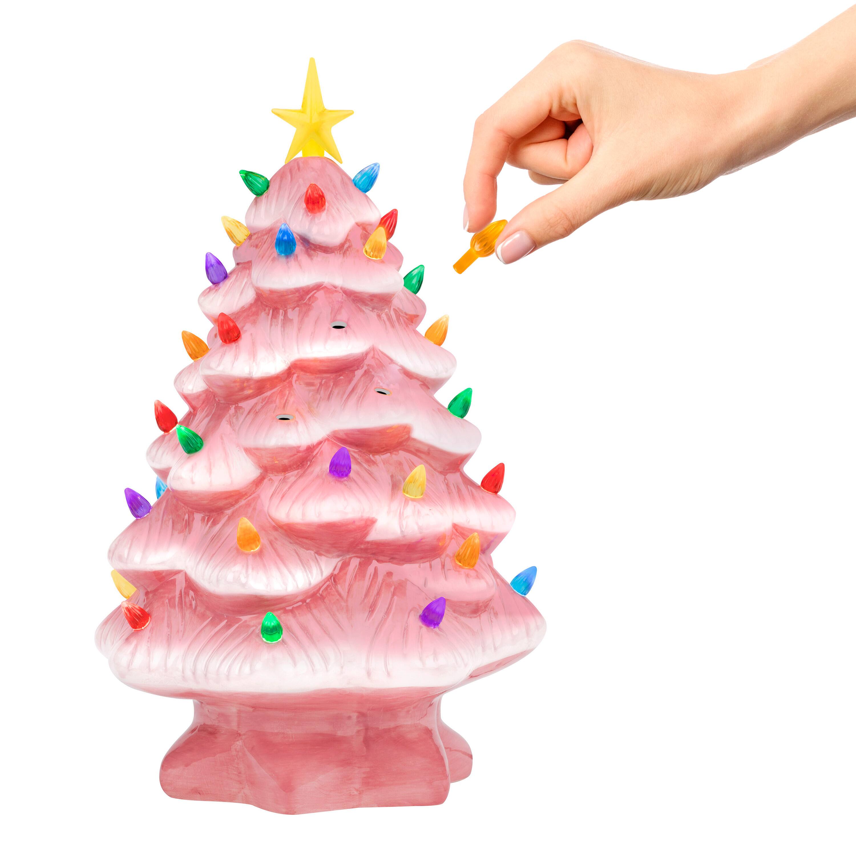 14&#x22; Pink Nostalgic LED Ceramic Christmas Tree with Removable Bulbs