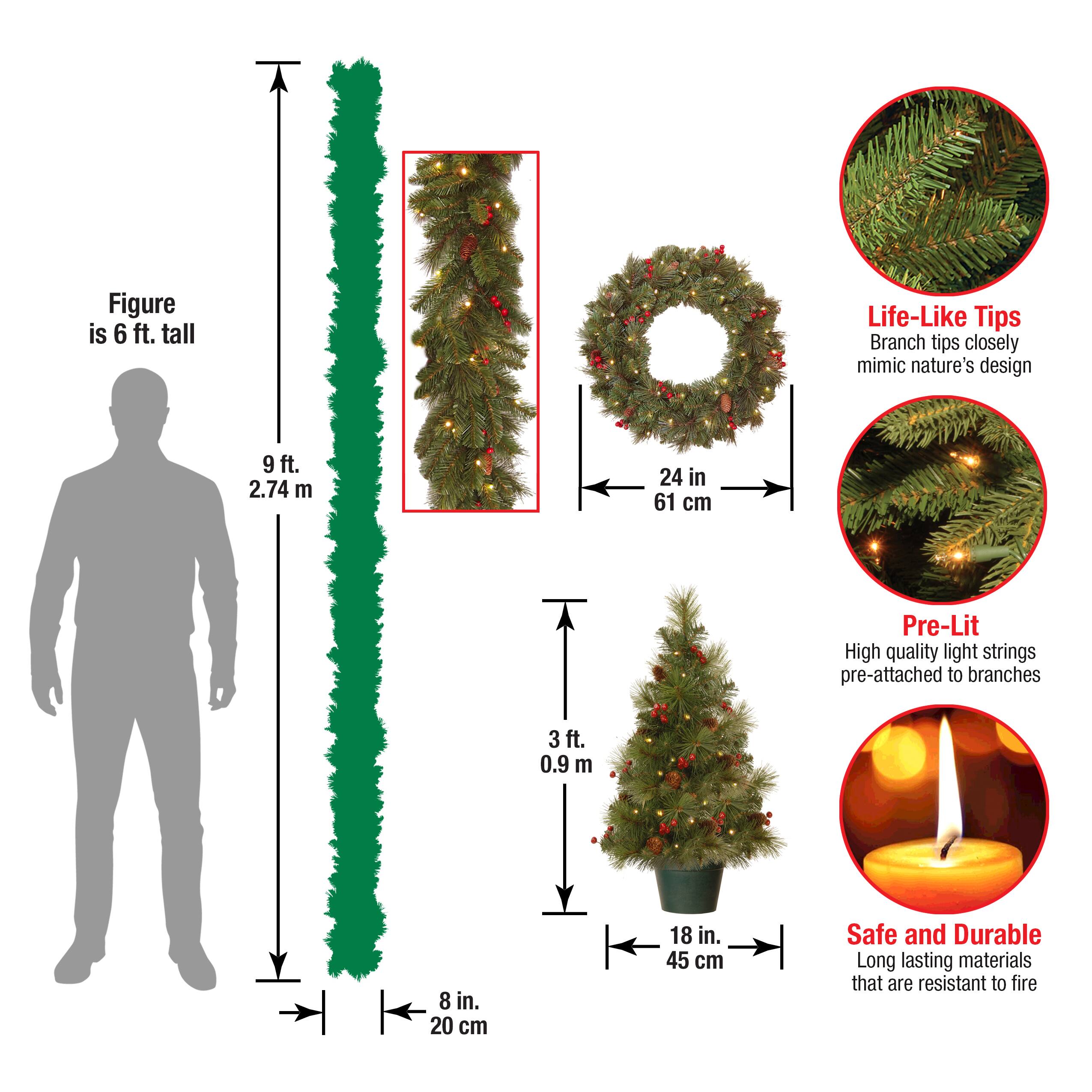 4-Piece Pre-Lit Pinecones & Berries Artificial Christmas Entrance Trees, Garland & Wreath, Warm White LED Lights