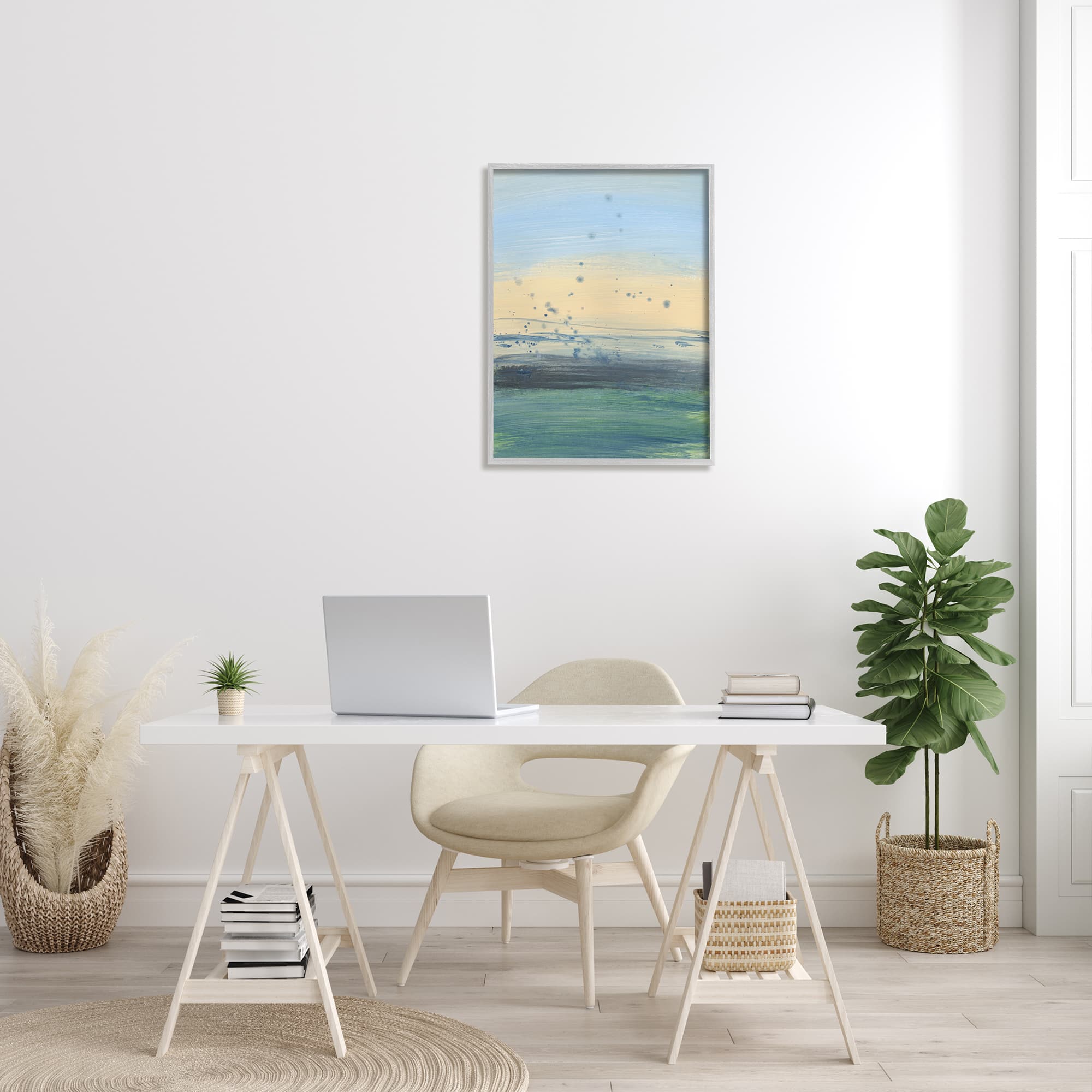 Stupell Industries Conceptual Yellow Ocean Sunset Blue Paint Splatter in Gray Frame Wall Art