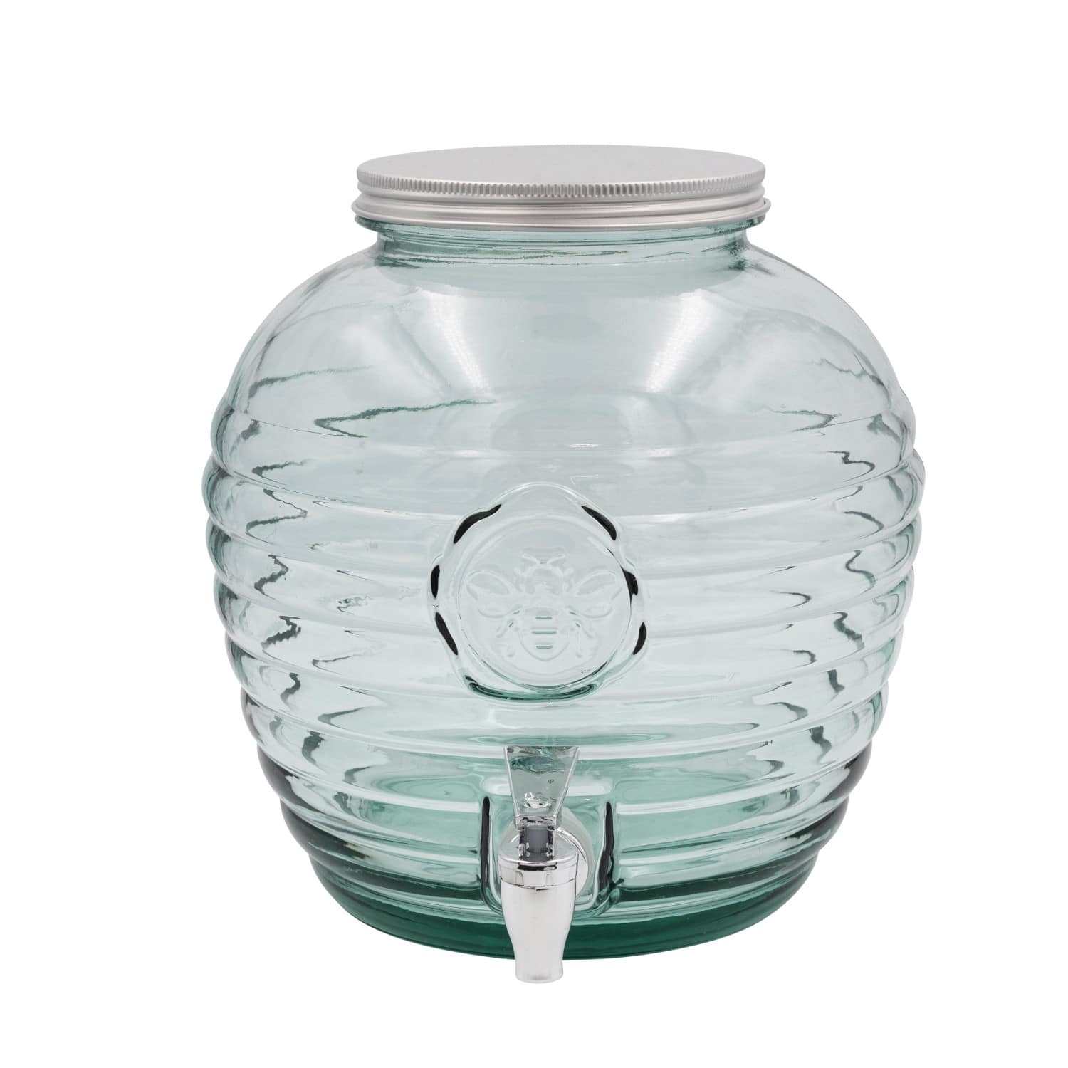 9.75&#x22; Clear Reclaimed Glass Ribbed Beverage Dispenser with Bee Embossing