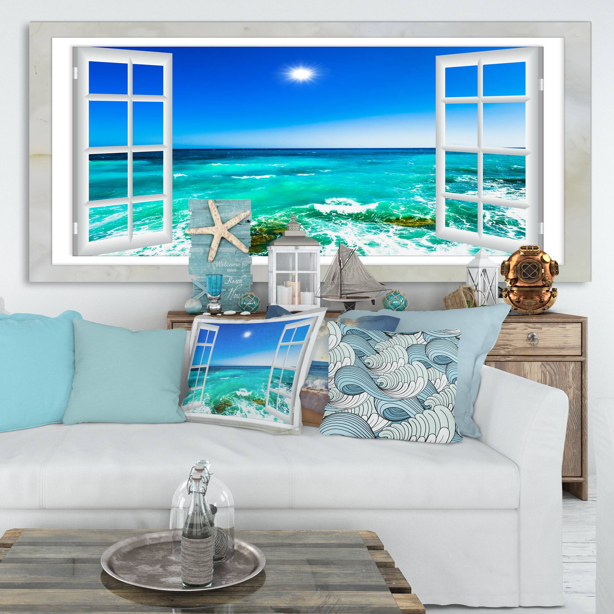 Designart - Open Window to Wavy Ocean - Extra Large Seashore Canvas Art