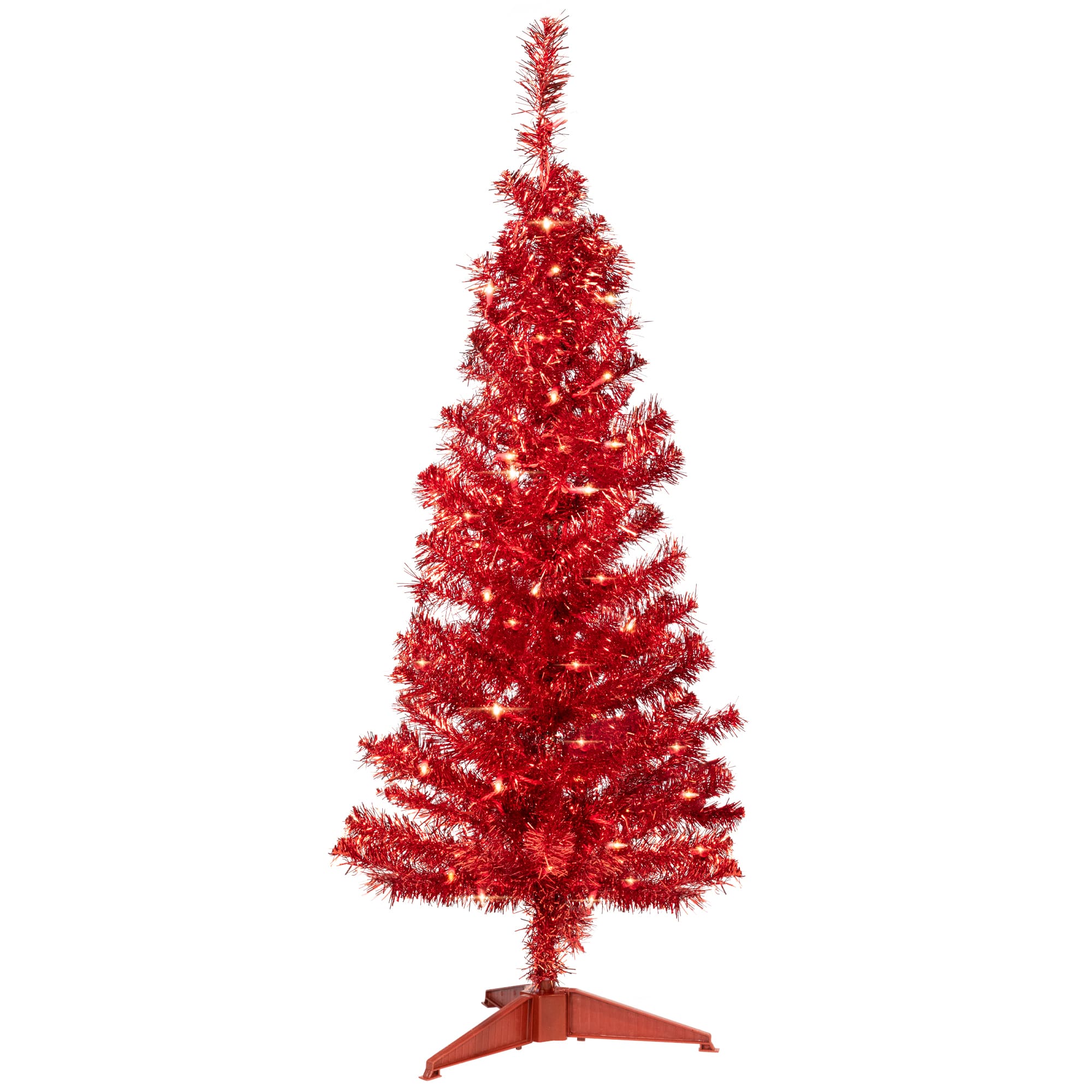 4ft. Pre-Lit Red Artificial Tinsel Christmas Tree, Clear Lights
