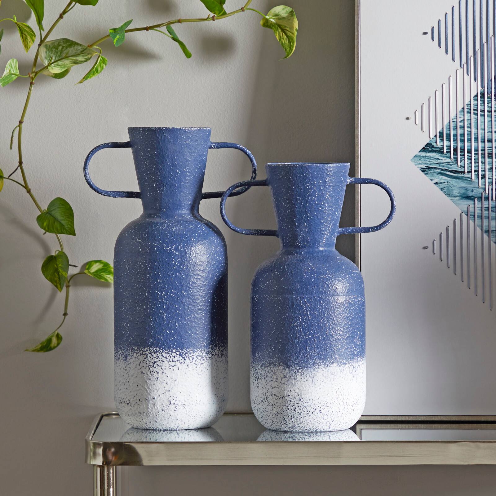 Blue Metal Vase with Handles Set of 2 17", 15"