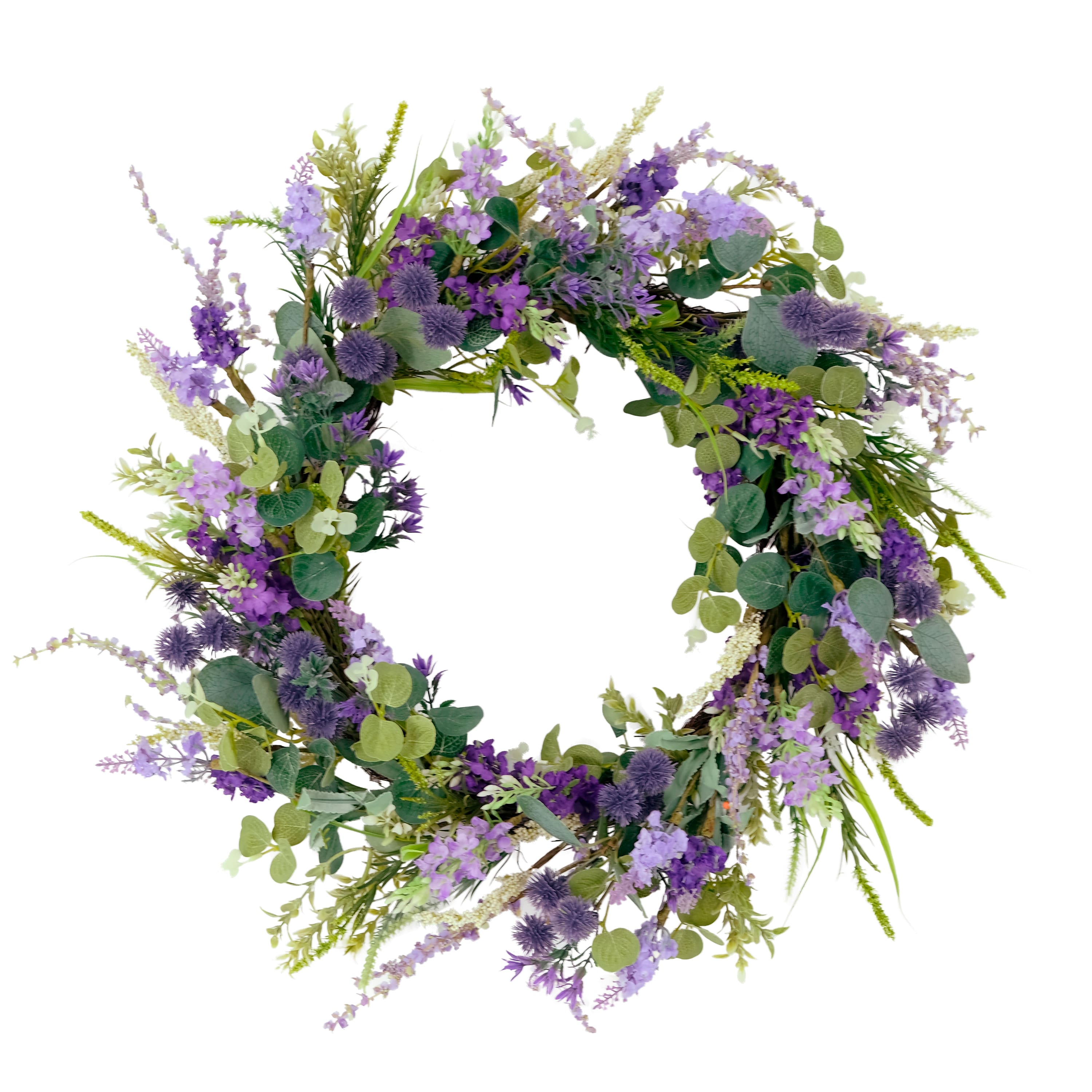 24'' Green and Purple Echinops Floral Spring Wreath