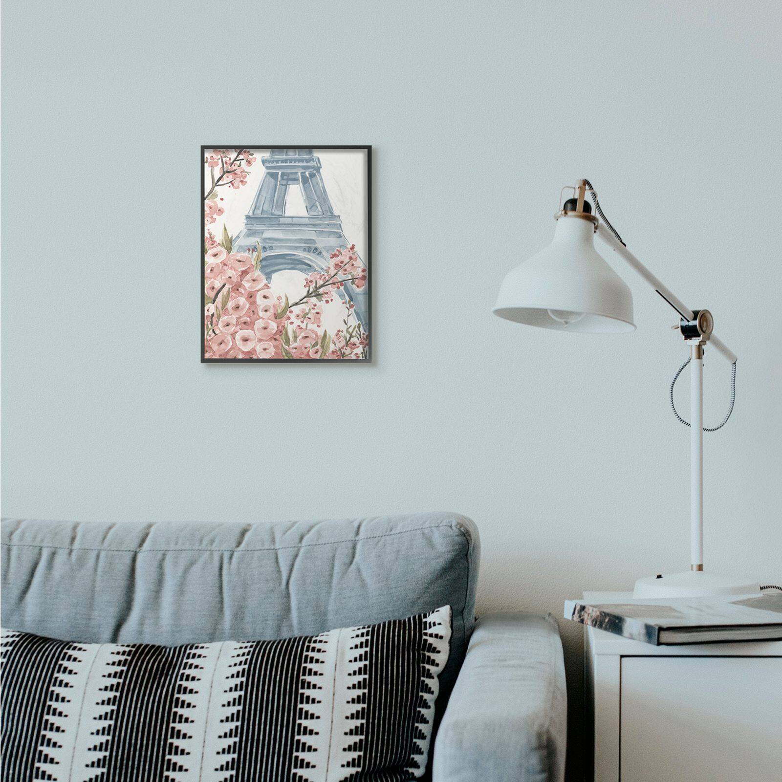 Stupell Industries Pink & Blue Paris Flowers Eiffel Tower Painting with Black Frame Wall Accent