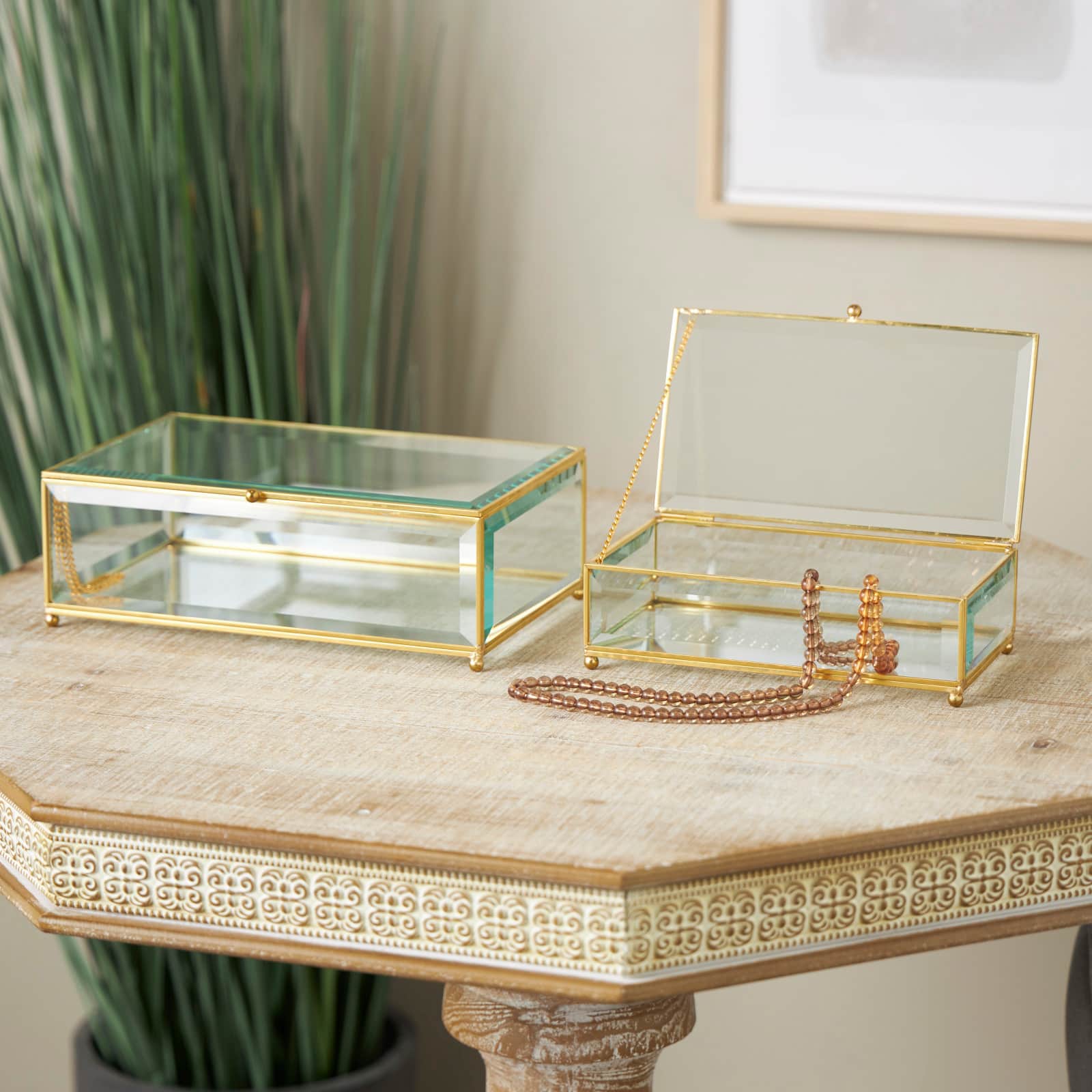Clear &#x26; Gold Beveled Glass &#x26; Metal Rectangle Footed Jewelry Box with Chain Accent Set