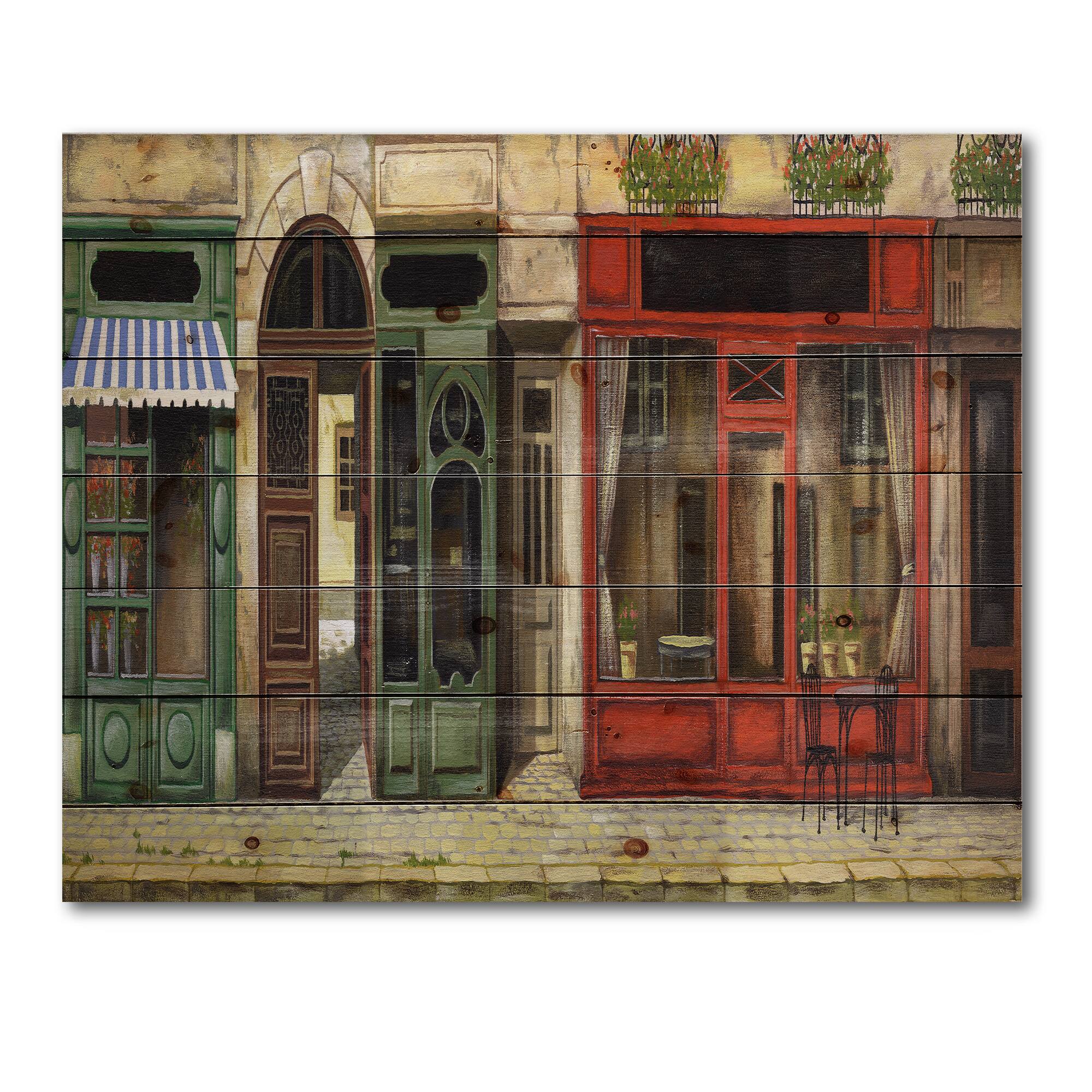Designart - Red Facade of Charming Shop In Paris II - French Country Print on Natural Pine Wood