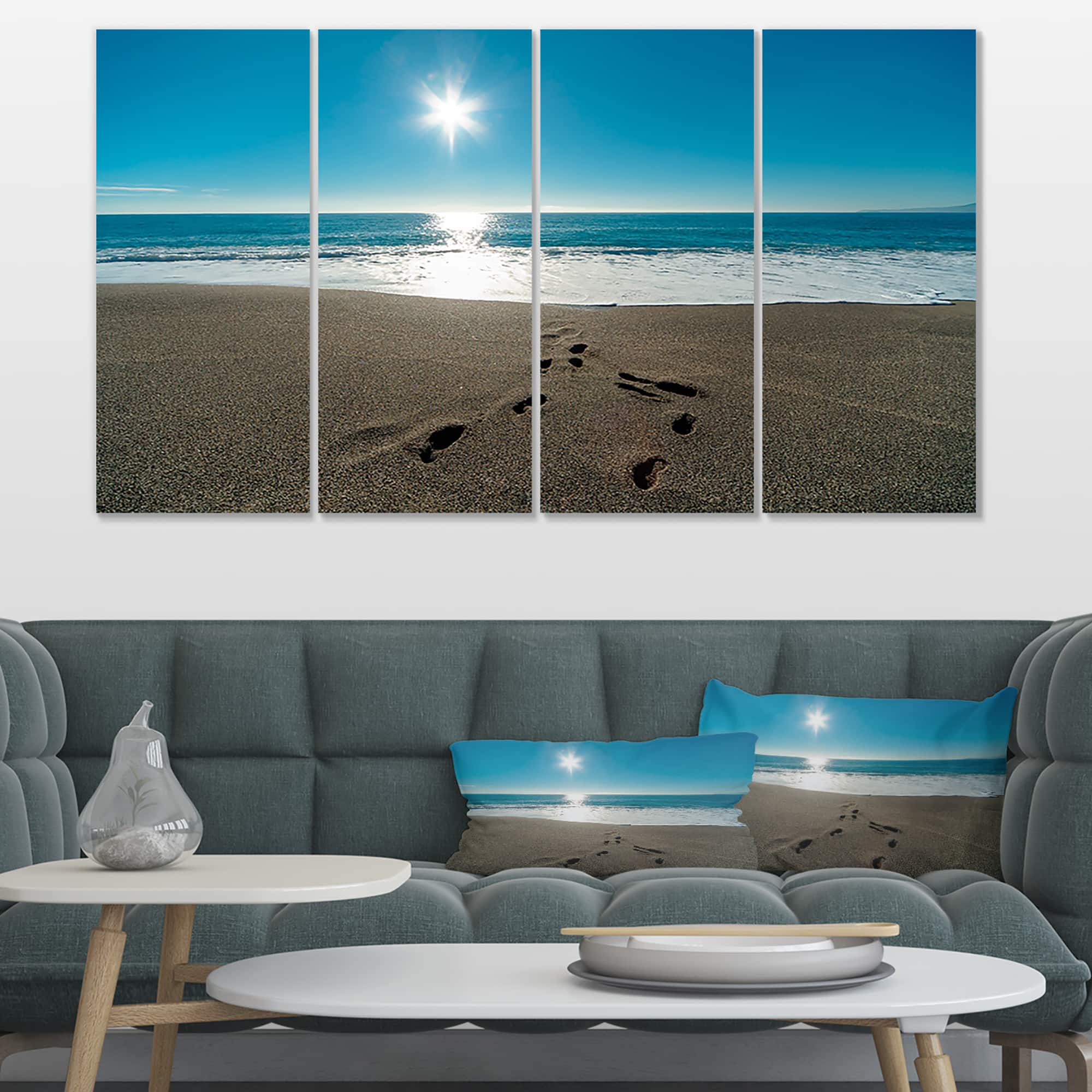 Designart - Blue Sea and Footprints in Sand - Large Seascape Art Canvas Print