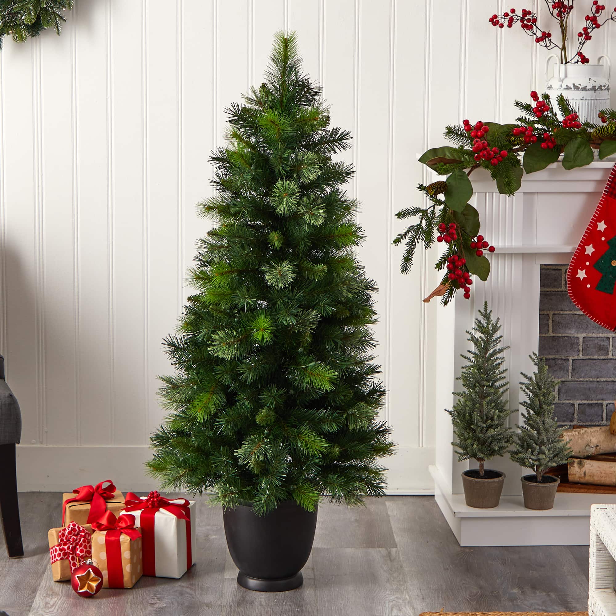 4.5ft. Pre-Lit Oregon Pine Artificial Christmas Tree in Decorative Planter, Warm White Lights
