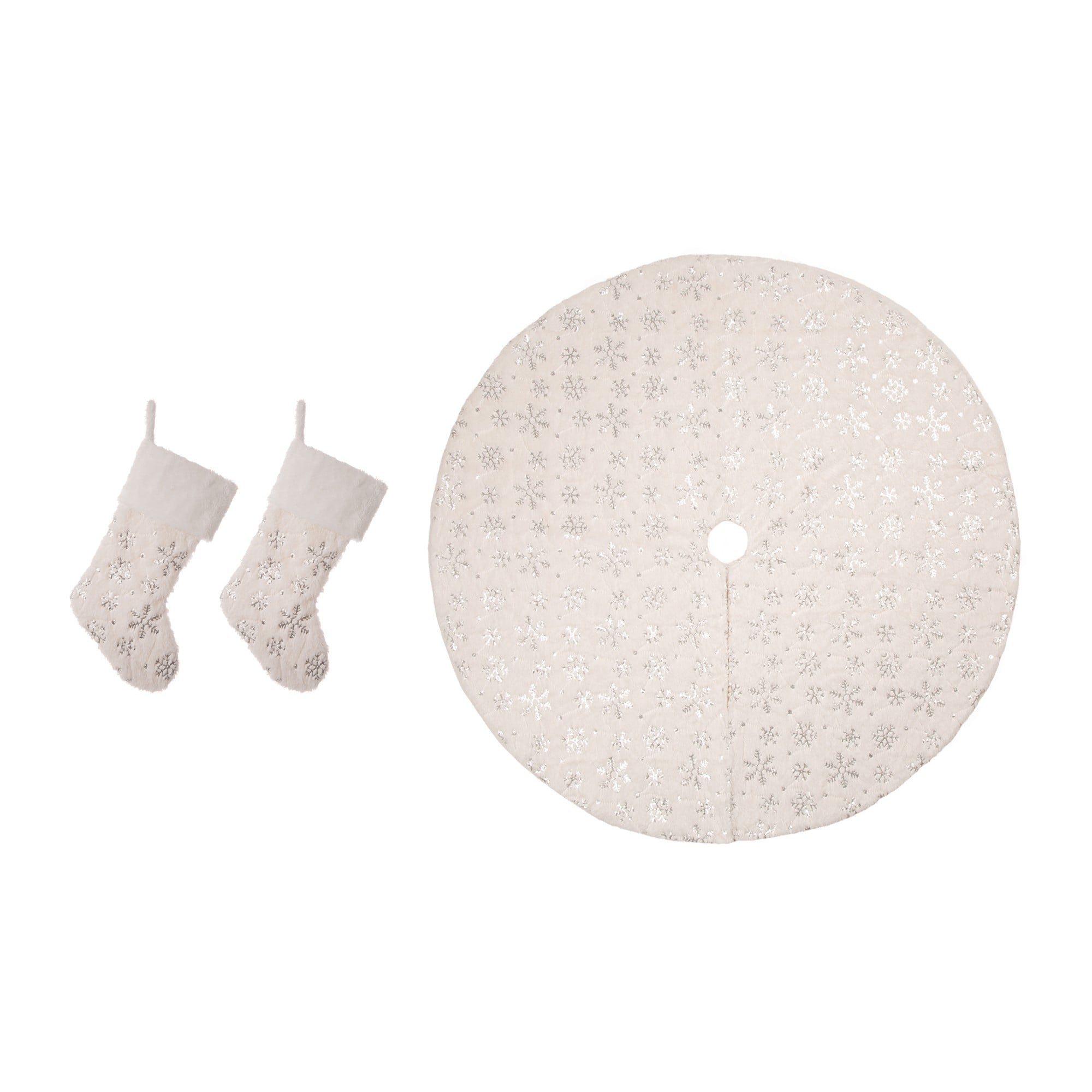 Glitzhome&#xAE; White Plush with Snowflake Christmas Stocking &#x26; Tree Skirt Set