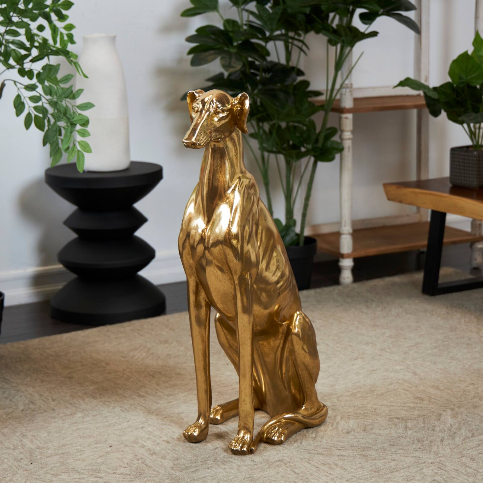 32" Gold Dog Sitting Greyhound Sculpture