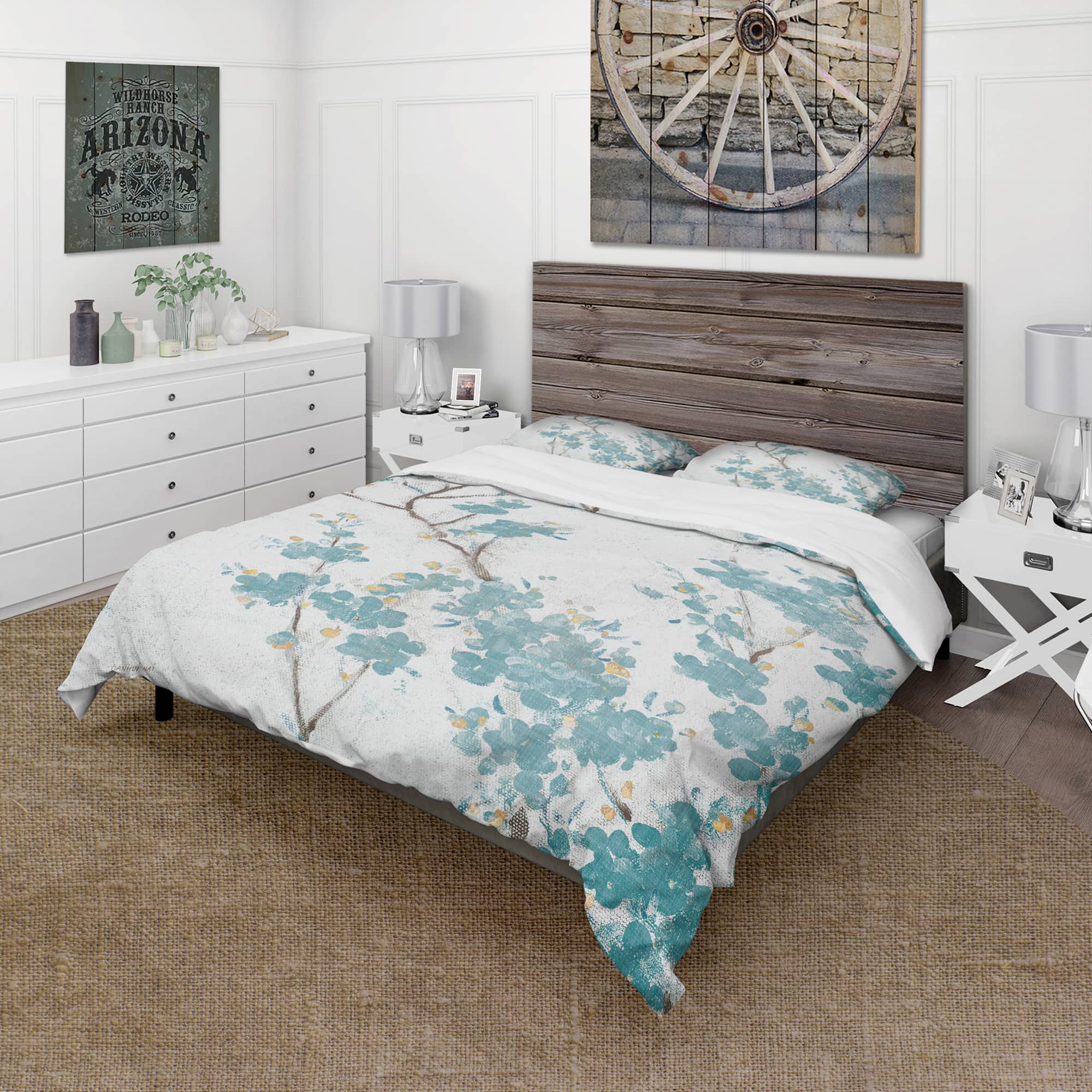 Designart &#x27;Teal Cherry Blossoms II&#x27; Farmhouse Bedding Set - Duvet Cover &#x26; Shams