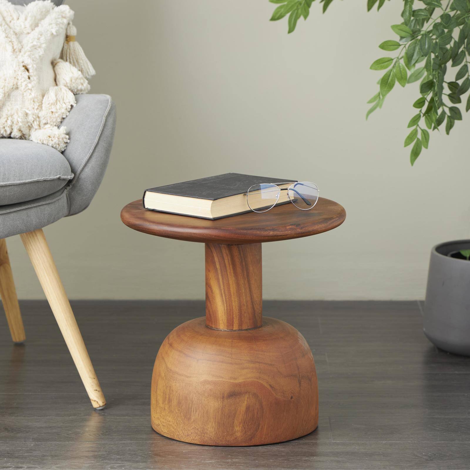 15.75" Brown Wood Handmade Accent Table with Rounded Block Base