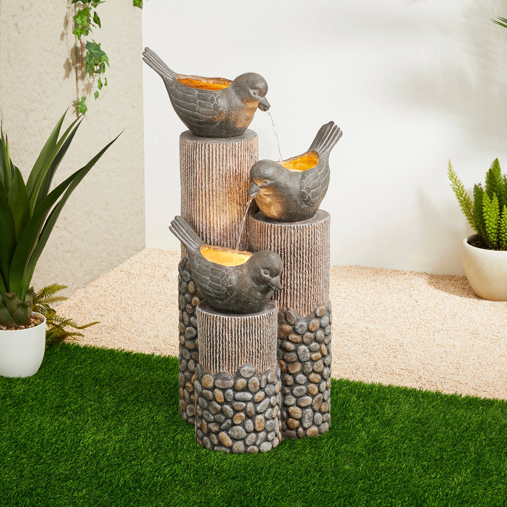 Glitzhome&#xAE; 30.75&#x22; 3-Tier Natural Faux Pebbles Textured Bird Basin Outdoor Fountain with LED Light