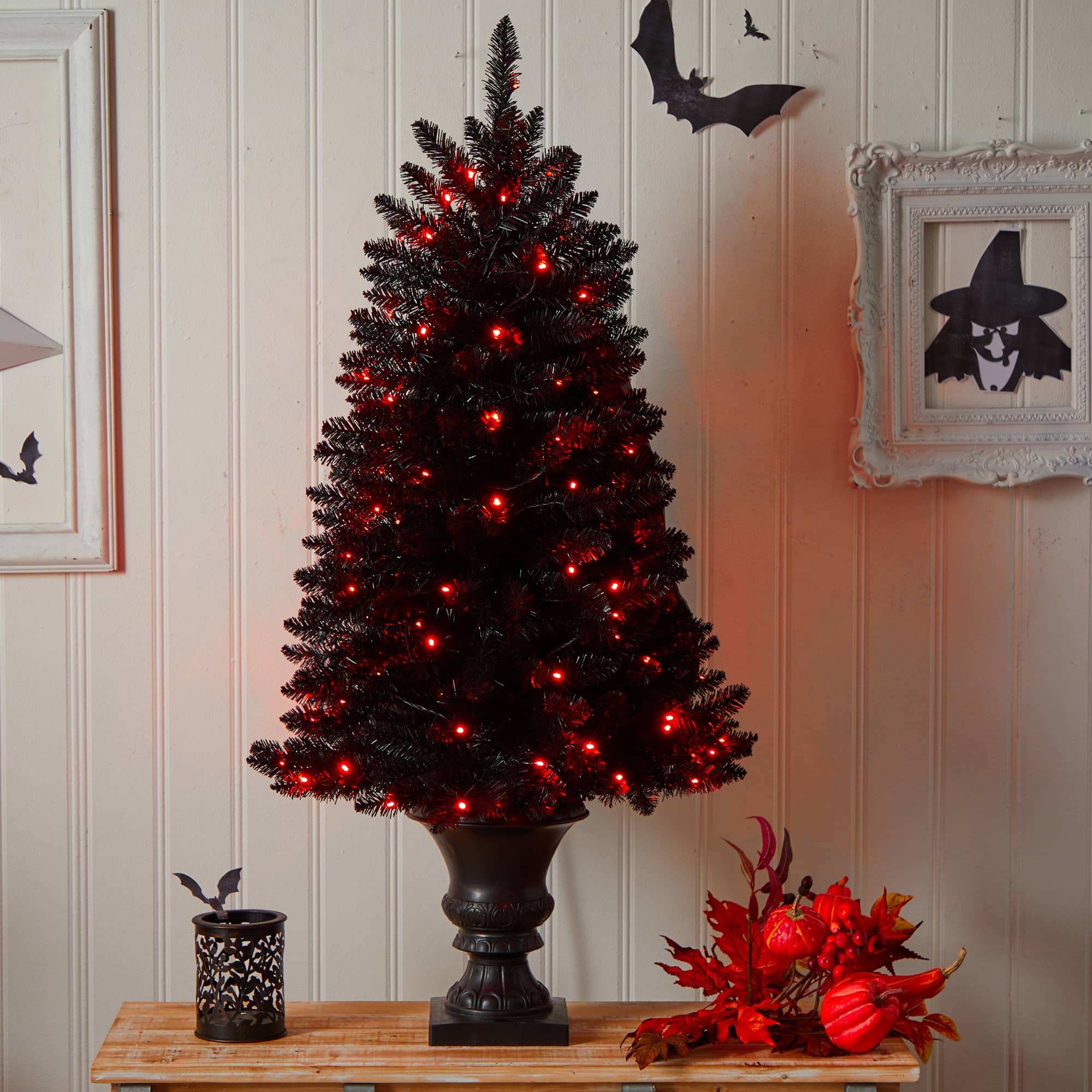4ft. Black Artificial Halloween Tree in Urn, Orange LED Lights