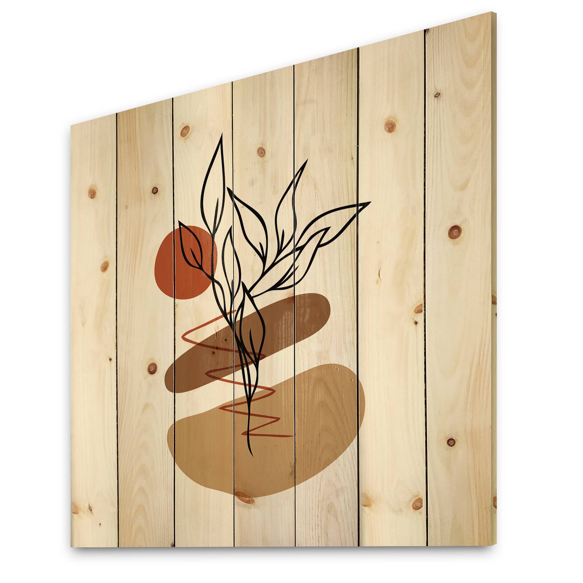 Designart - Elementary Shapes With Abstract Flowers Plants II - Modern Print on Natural Pine Wood
