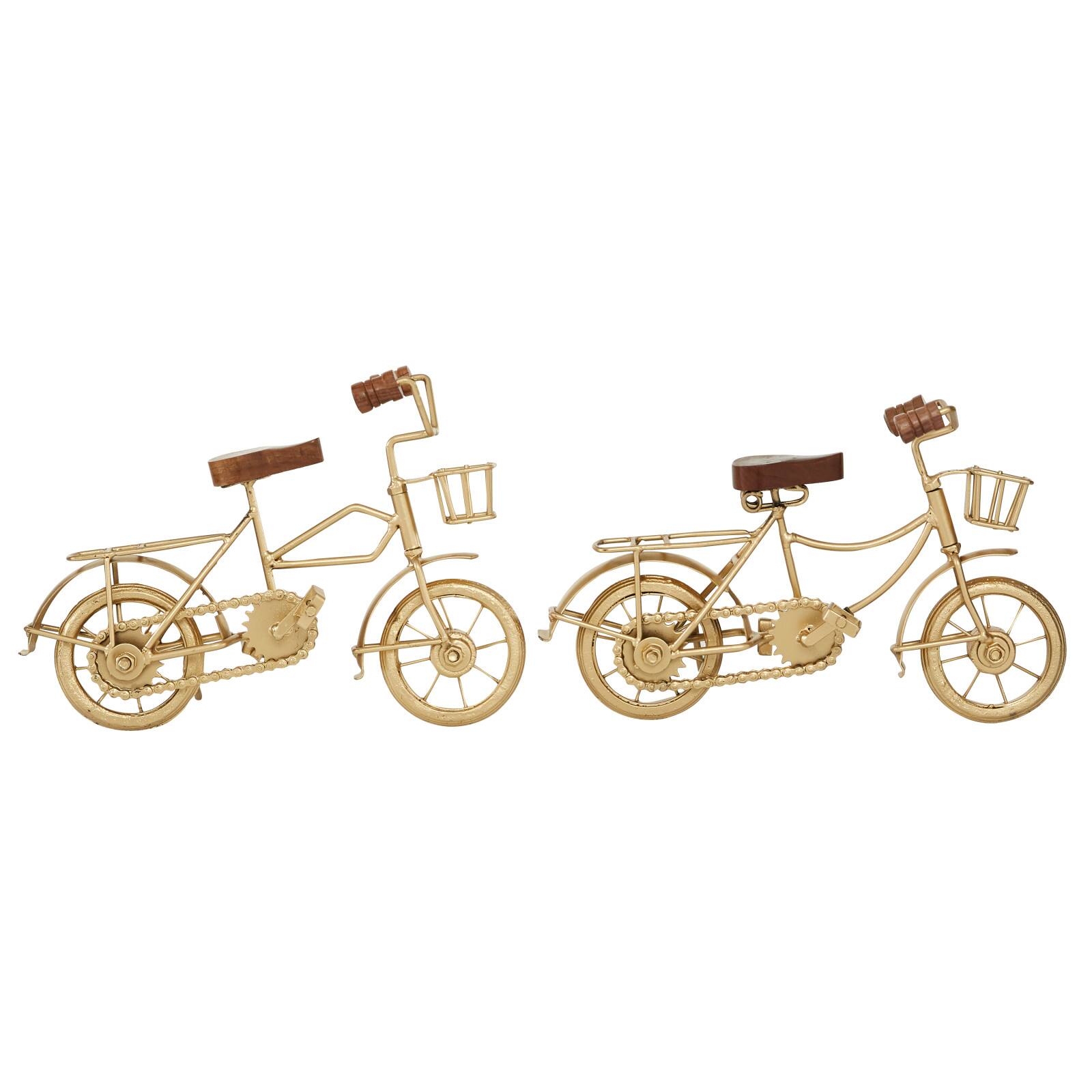 11" Gold Metal Bike Sculpture with Wood Accents Set