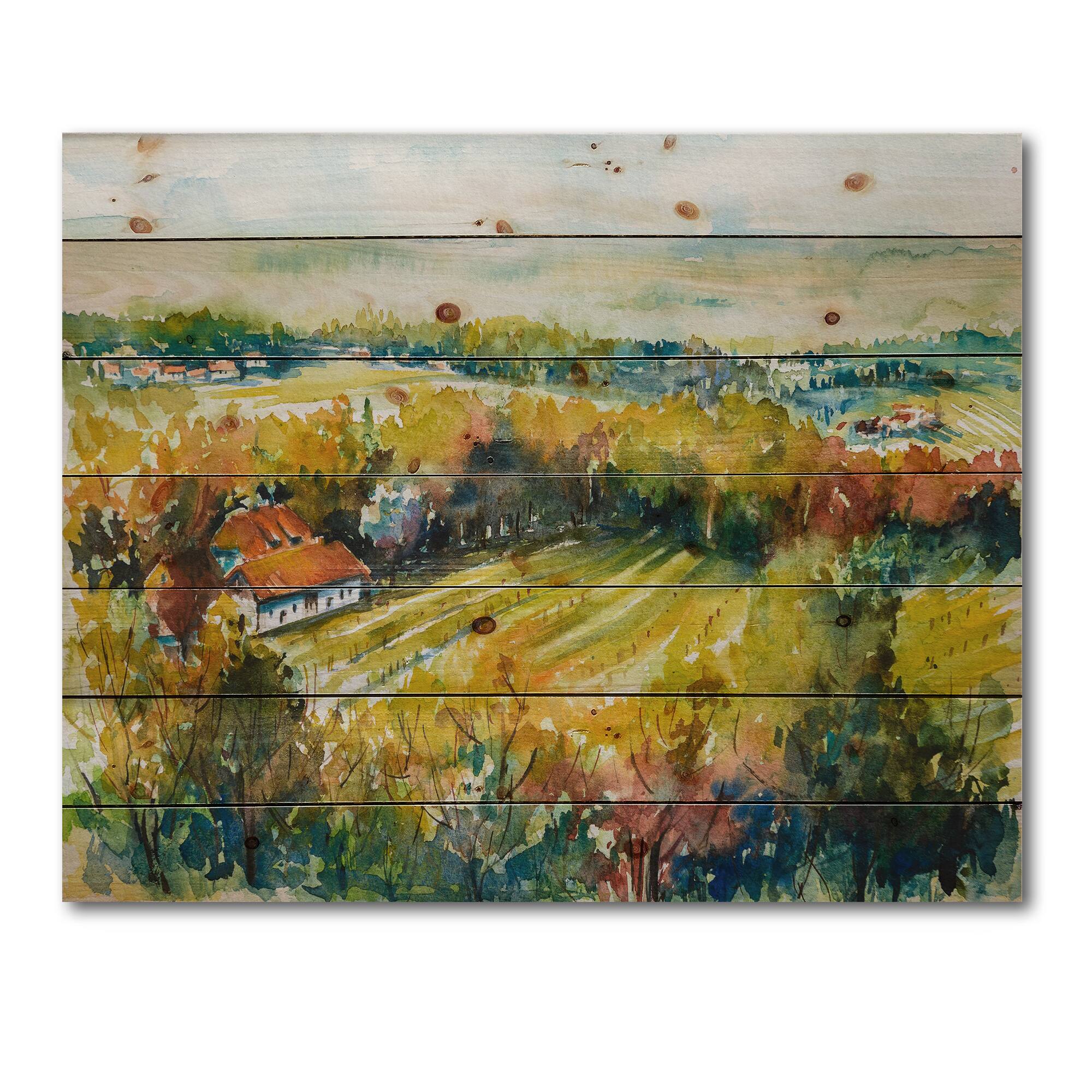 Designart - Rural Autumn Landscape - Country Print on Natural Pine Wood