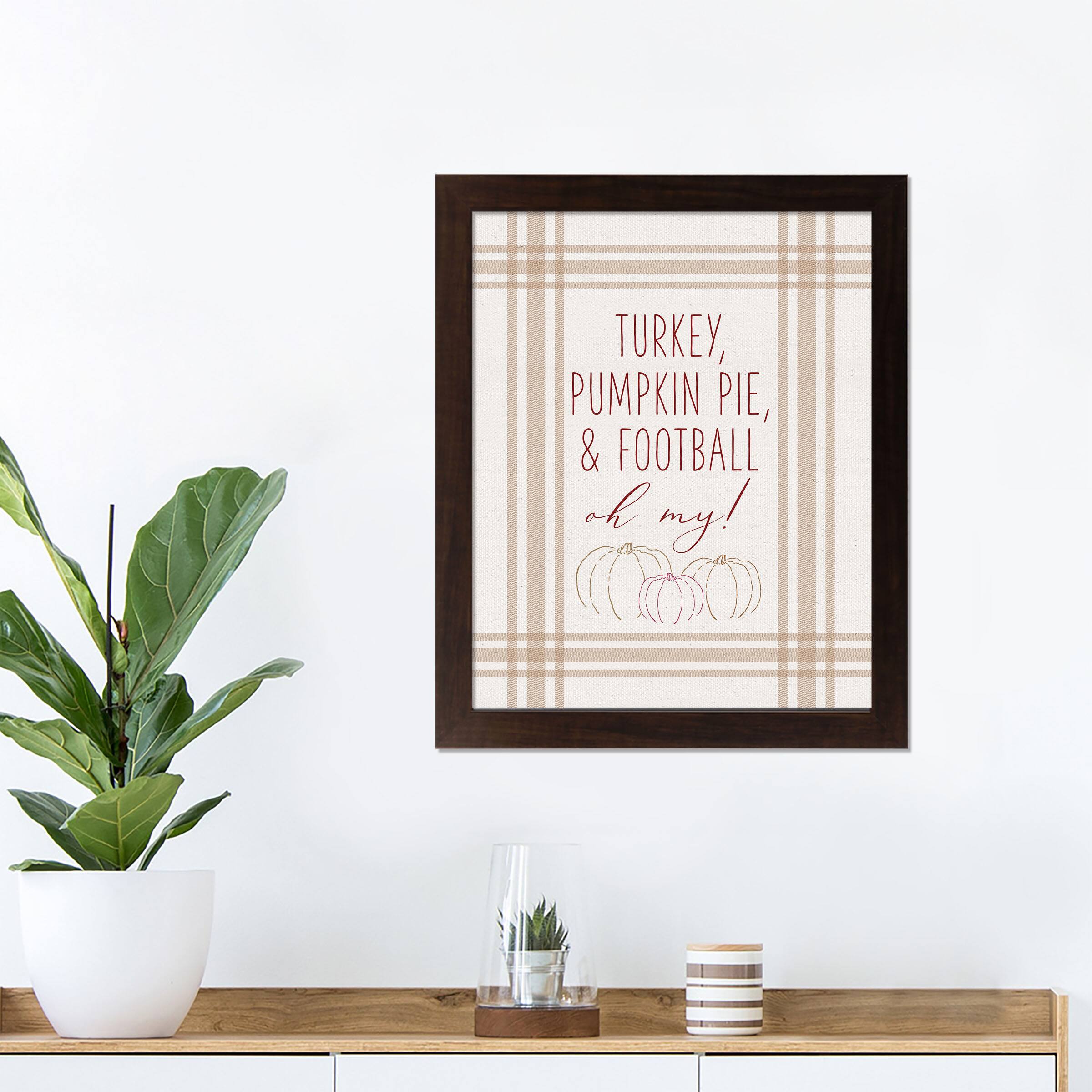 Turkey Pumpkin Pie & Football Walnut Framed Print Under Plexiglass