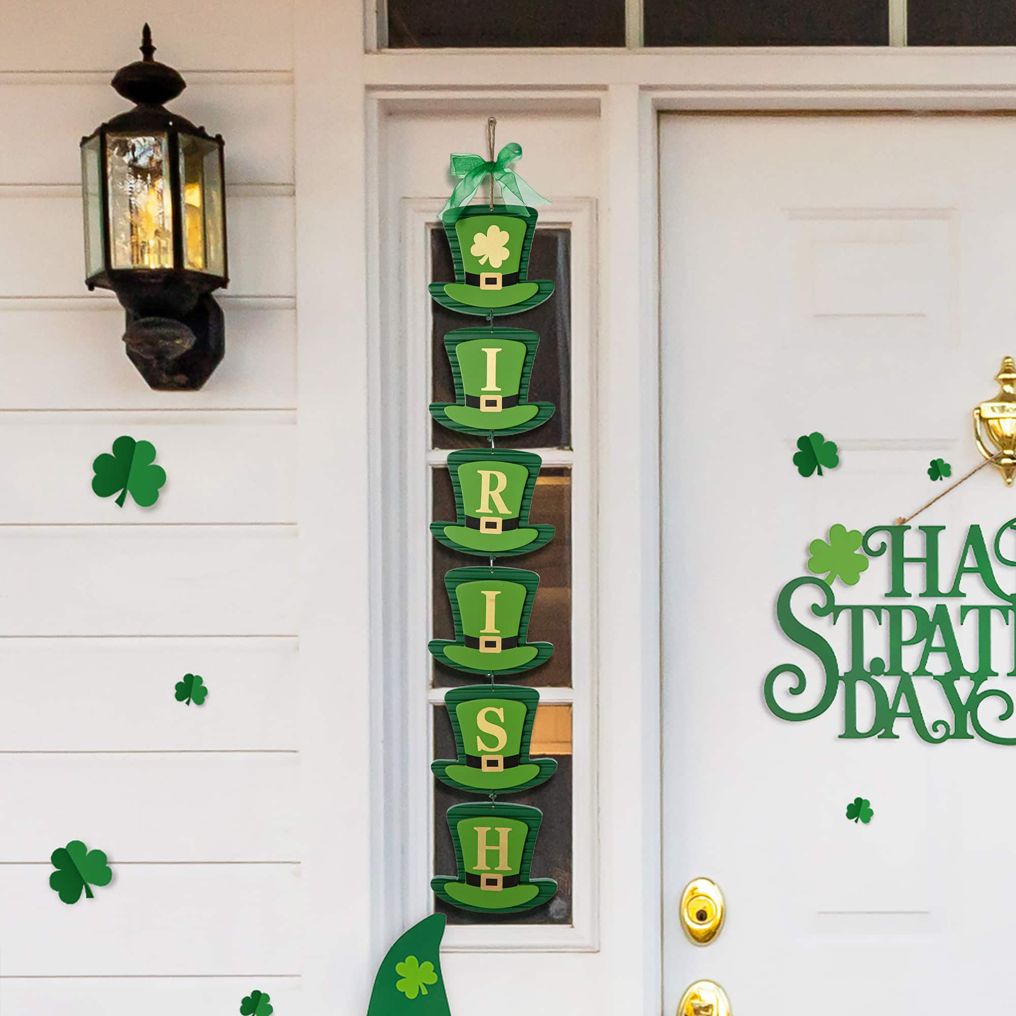 Glitzhome&#xAE; 30&#x22; Set of 2 St. Patrick&#x27;s Wooden Shamrock / Leprechaun Hats Door Hanger