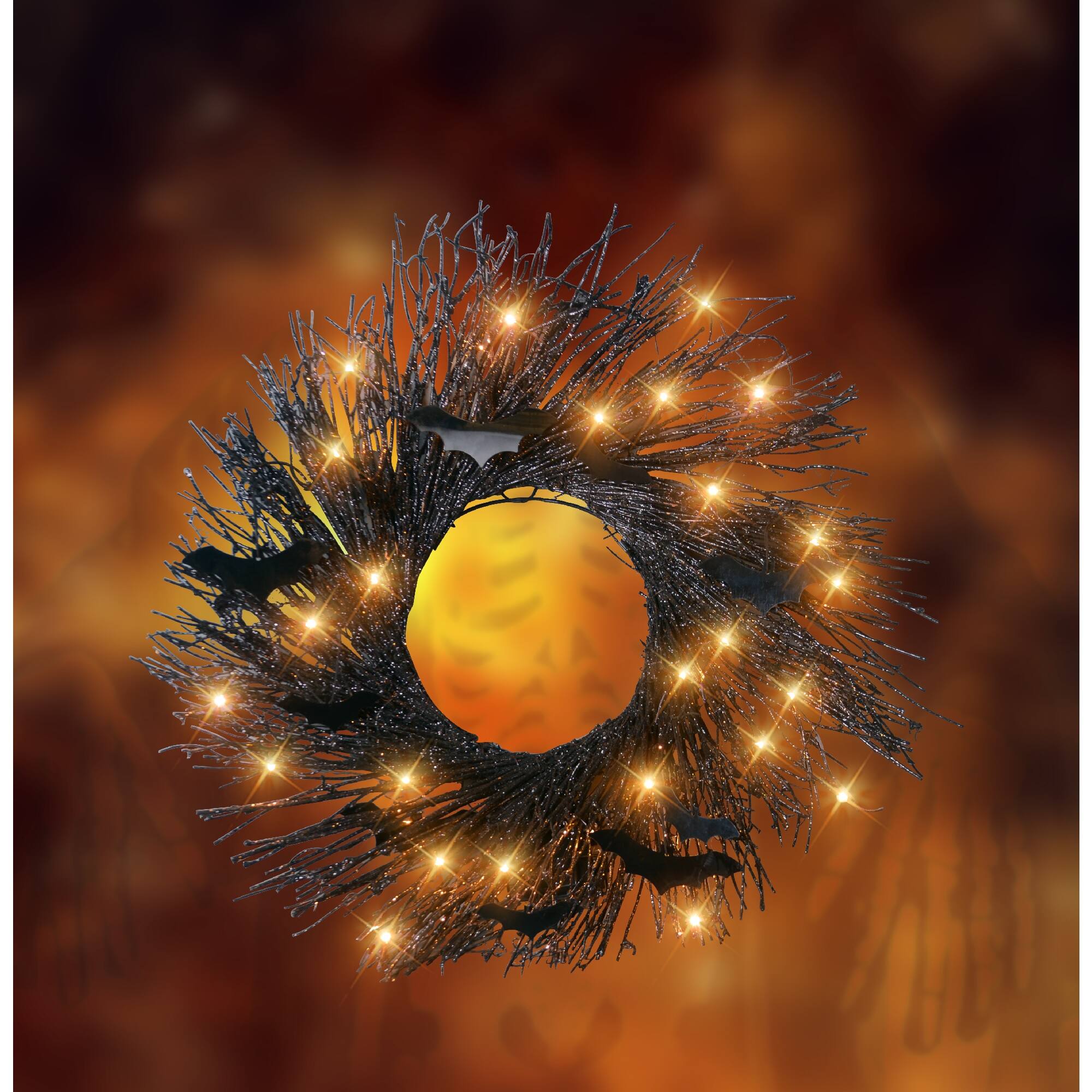 22" Black LED Halloween Bats Twig Wreath