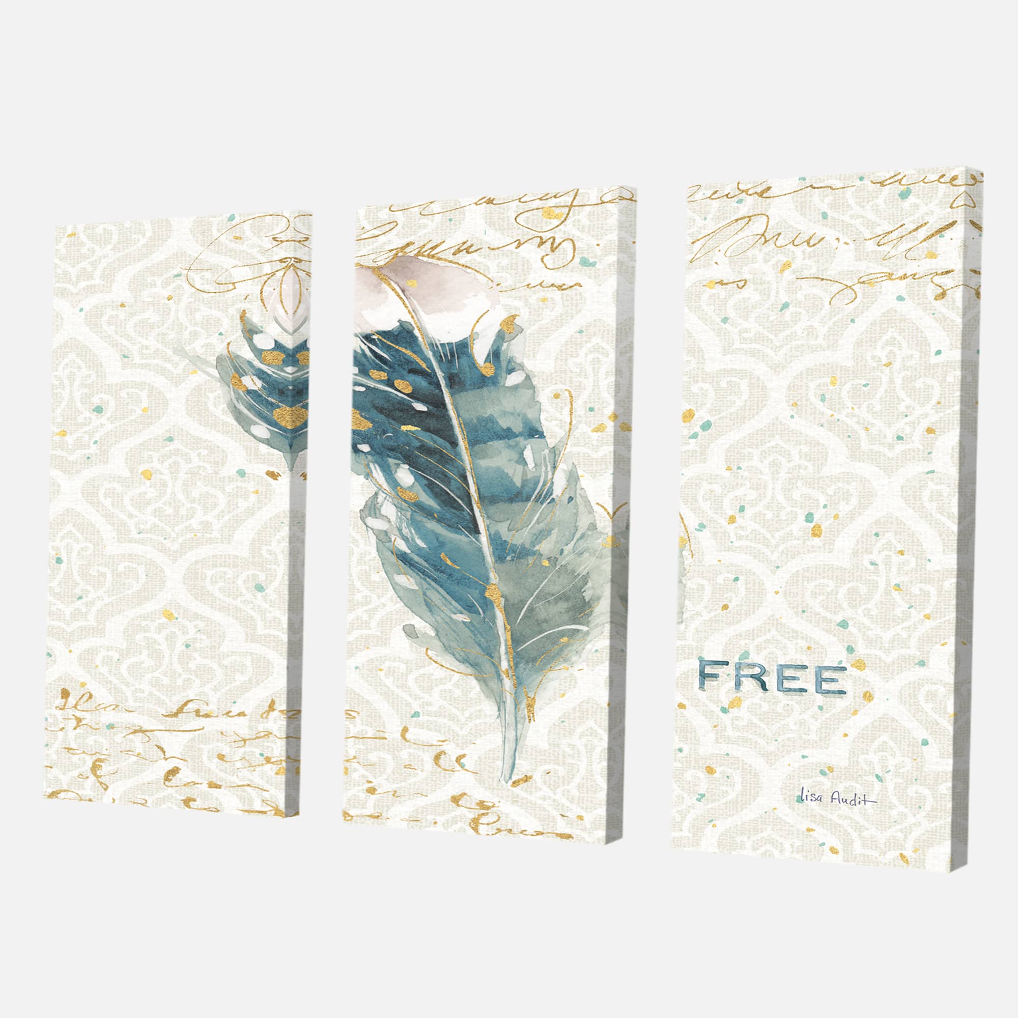 Designart - Damask Painted Gilded Feather on Blue - Nautical & Coastal Canvas Art