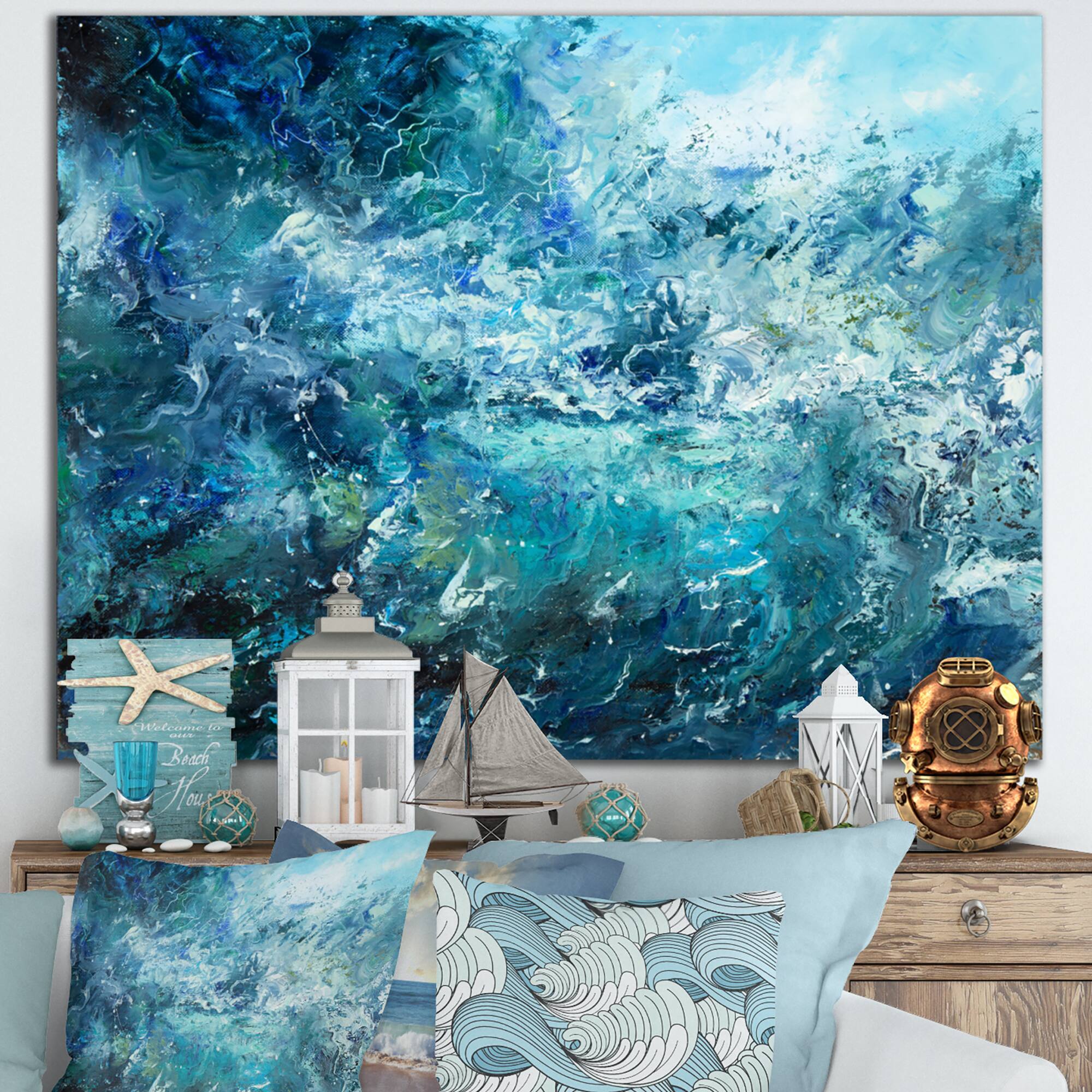 Designart - Wild Blue Ocean Waves V - Nautical & Coastal Canvas Wall Art Print