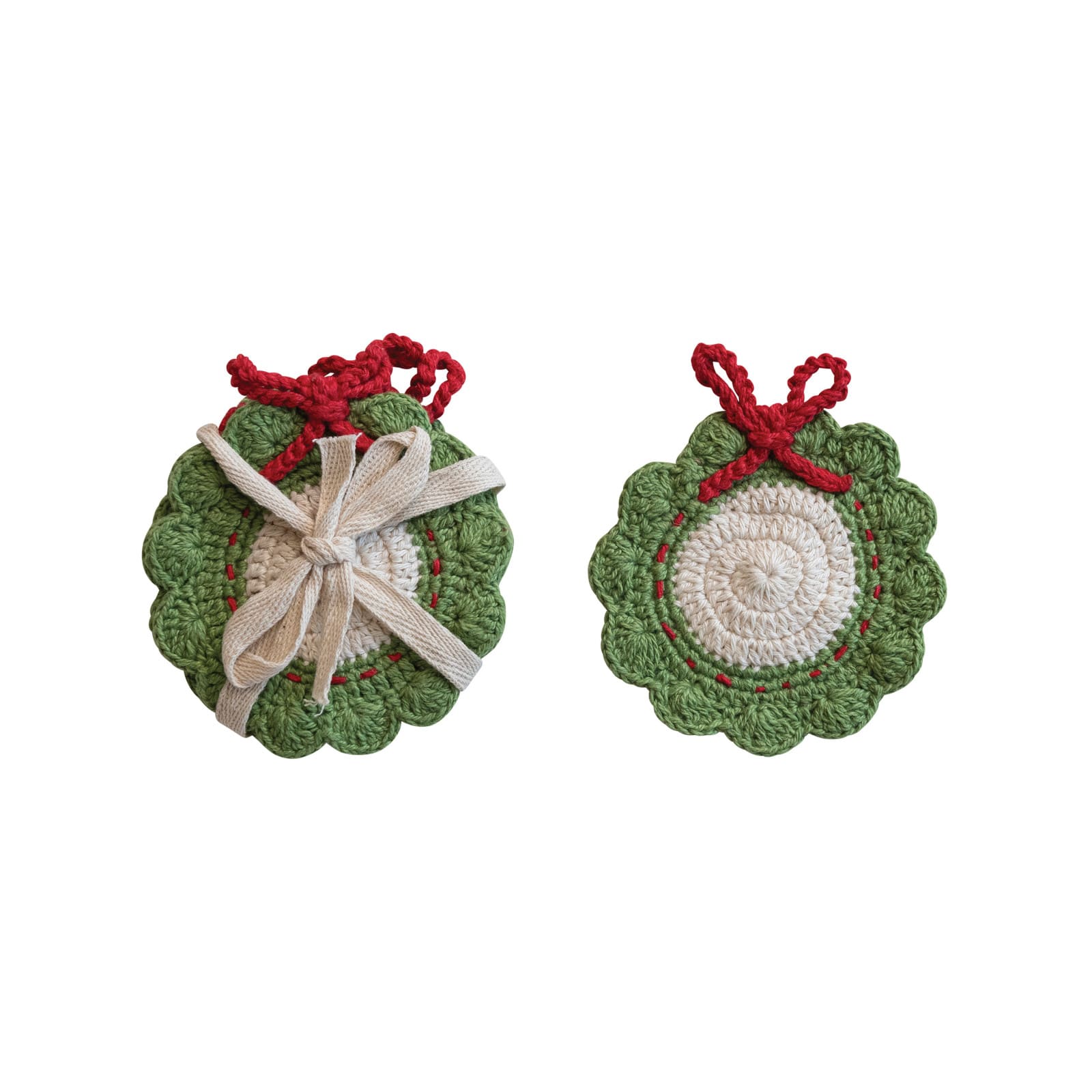 Hello Honey® 4" Green, Red & White Wreath Crocheted Cotton Coasters, 4ct.