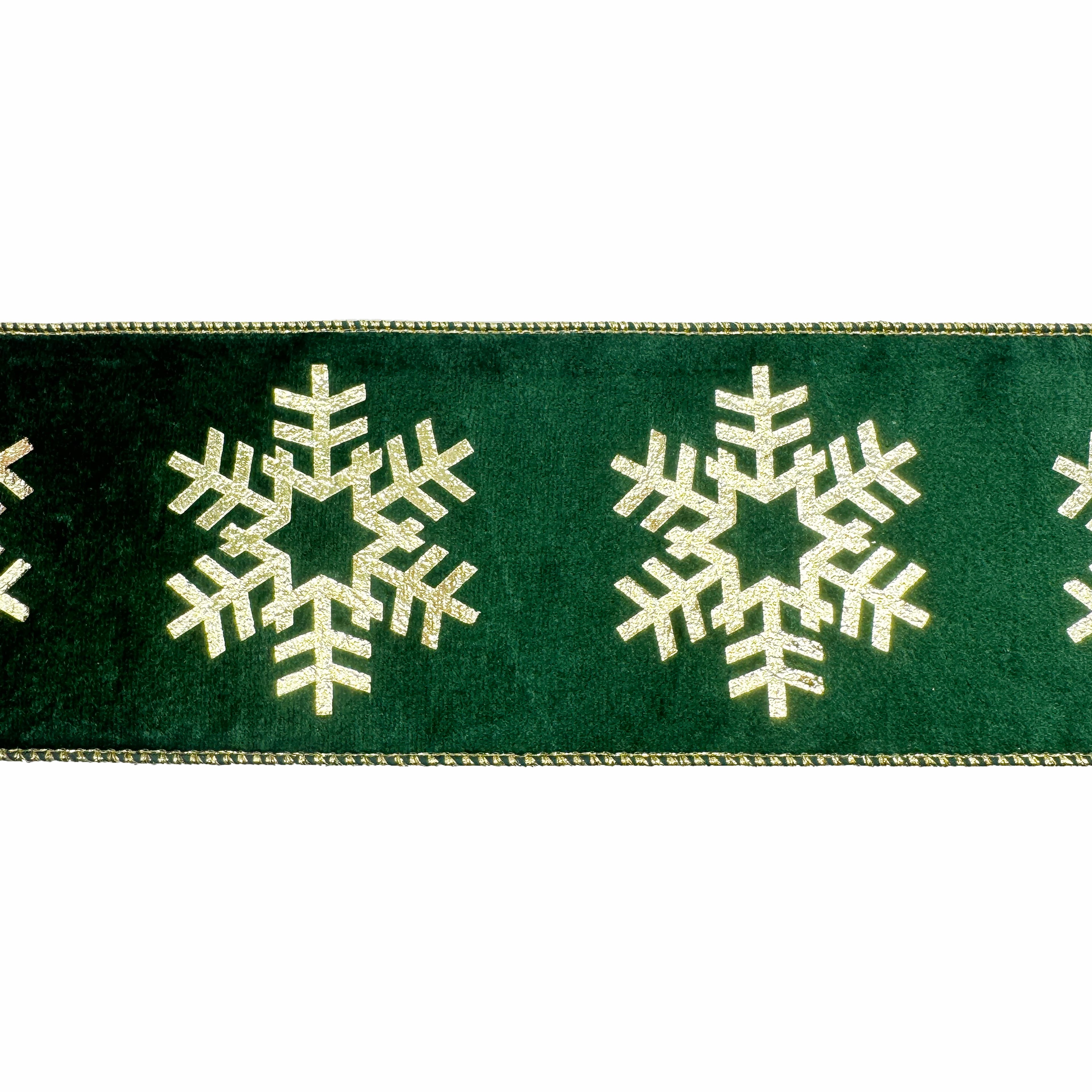 3.5&#x22; x 20ft. Green &#x26; Gold Snowflakes Wired Velvet Ribbon by Celebrate It&#xAE;