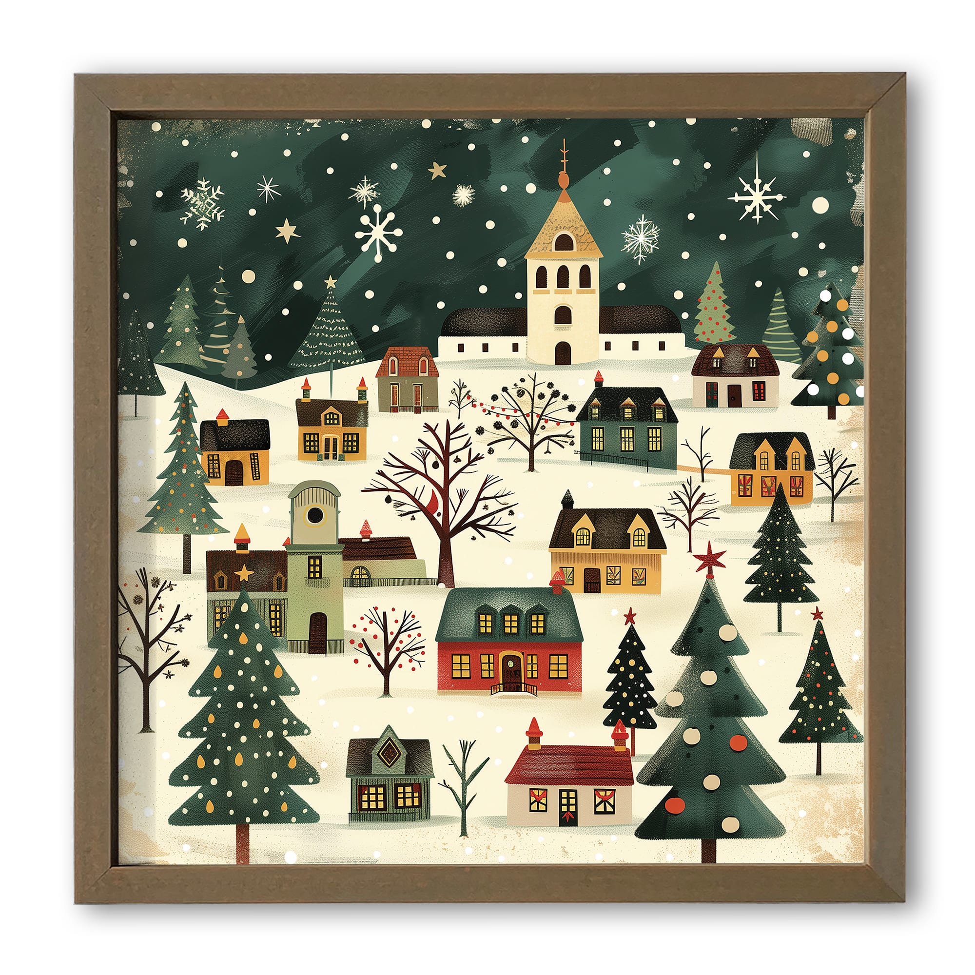 Retro Holiday Village 16&#x22; x 16&#x22; Brown Framed Print