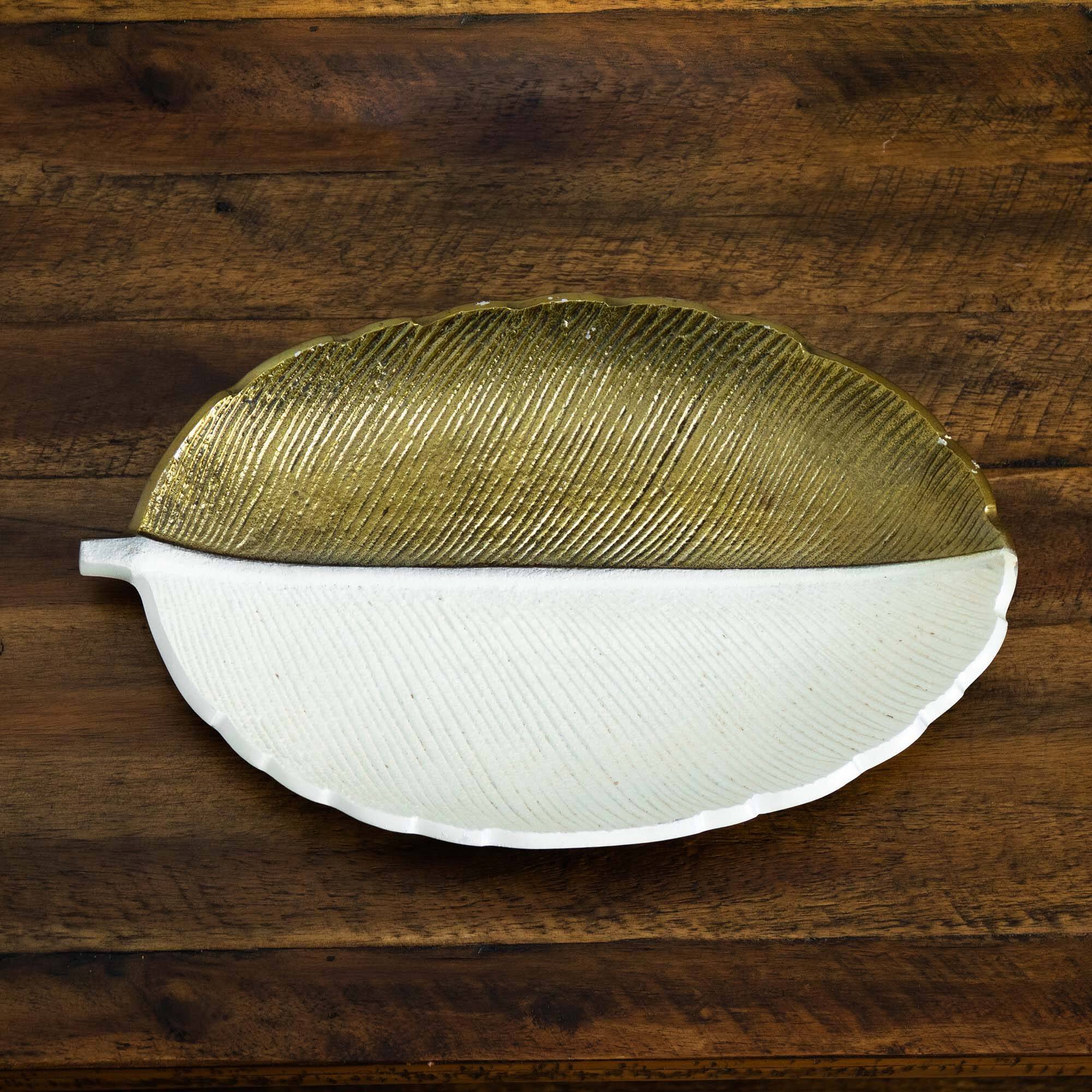 14&#x22; Gold &#x26; White Leaf Decorative Accent Tray