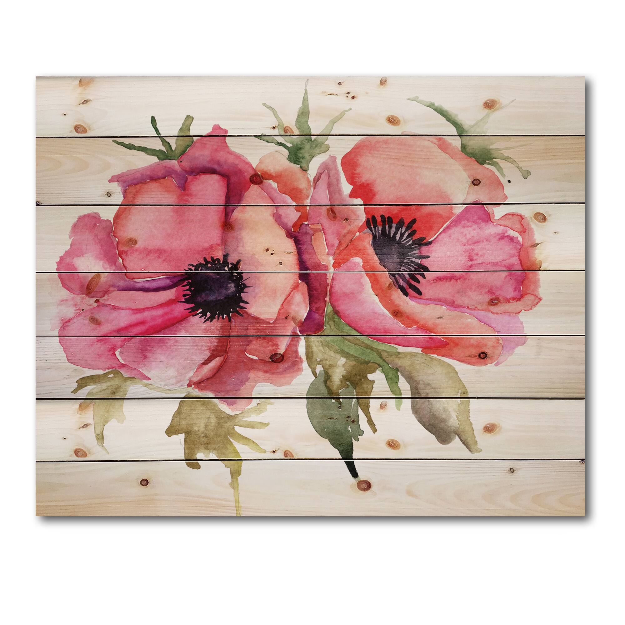 Designart - Stylized Poppy Flowers - Traditional Print on Natural Pine Wood