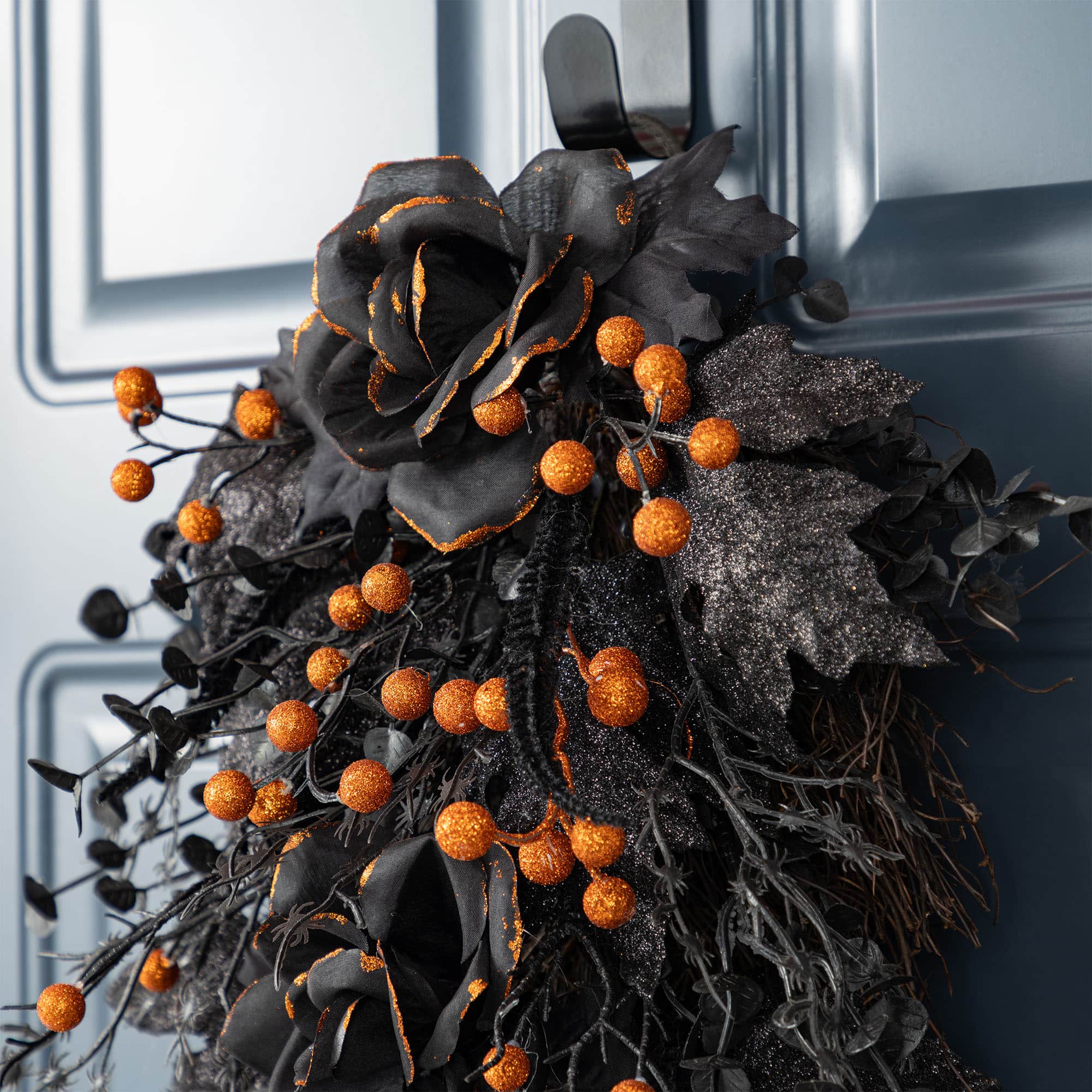 Glitzhome&#xAE; 28&#x22;H Halloween Black Rose and Berry Swag with Hanger