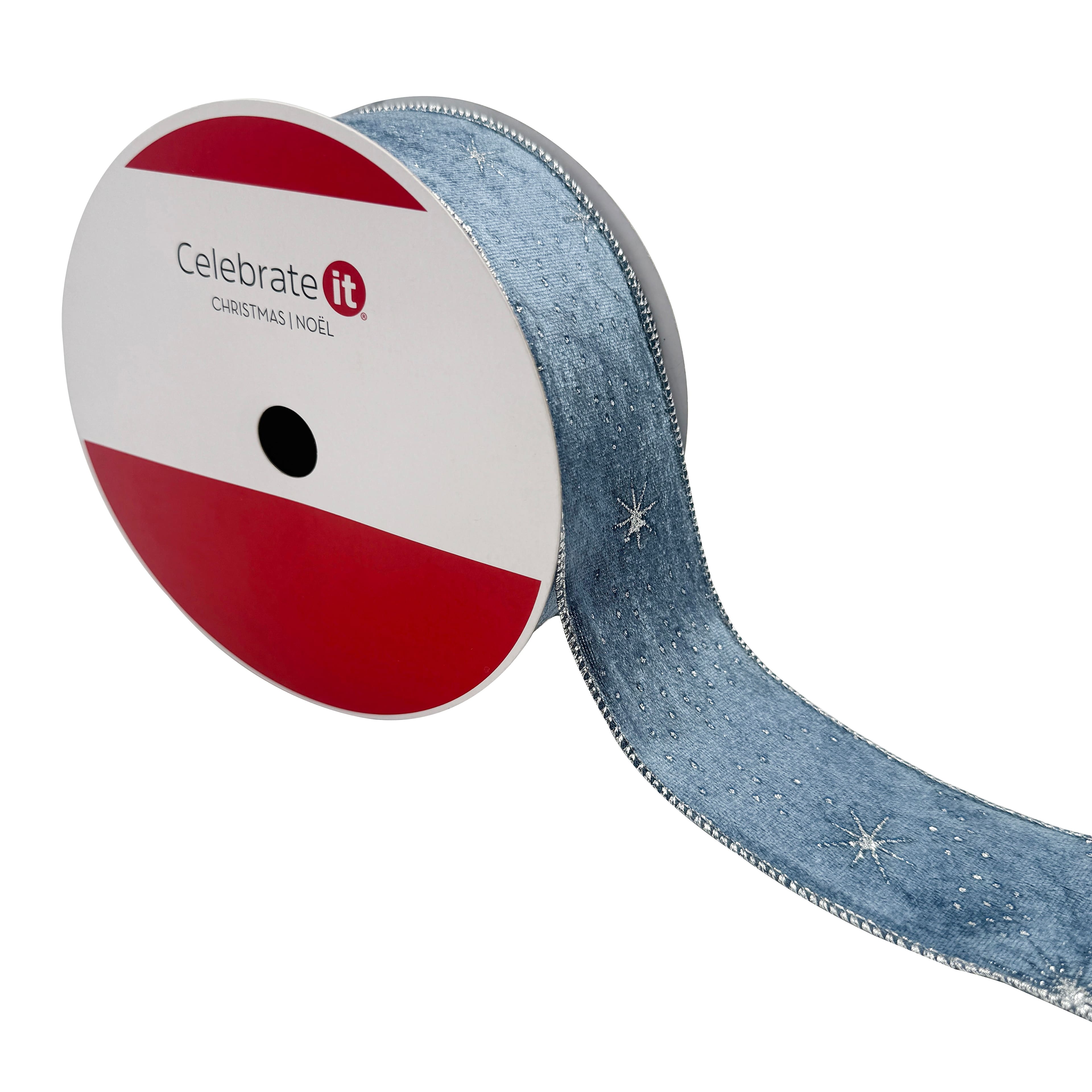 2.5&#x22; x 80ft. Silver Starburst on Navy Wired Velvet Jumbo Ribbon by Celebrate It&#xAE;