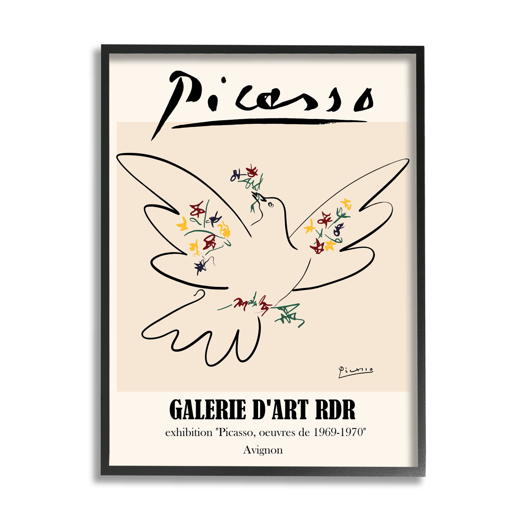 Stupell Industries Classical Abstract Picasso Peace Dove Bird Linework in Black Frame Wall Art