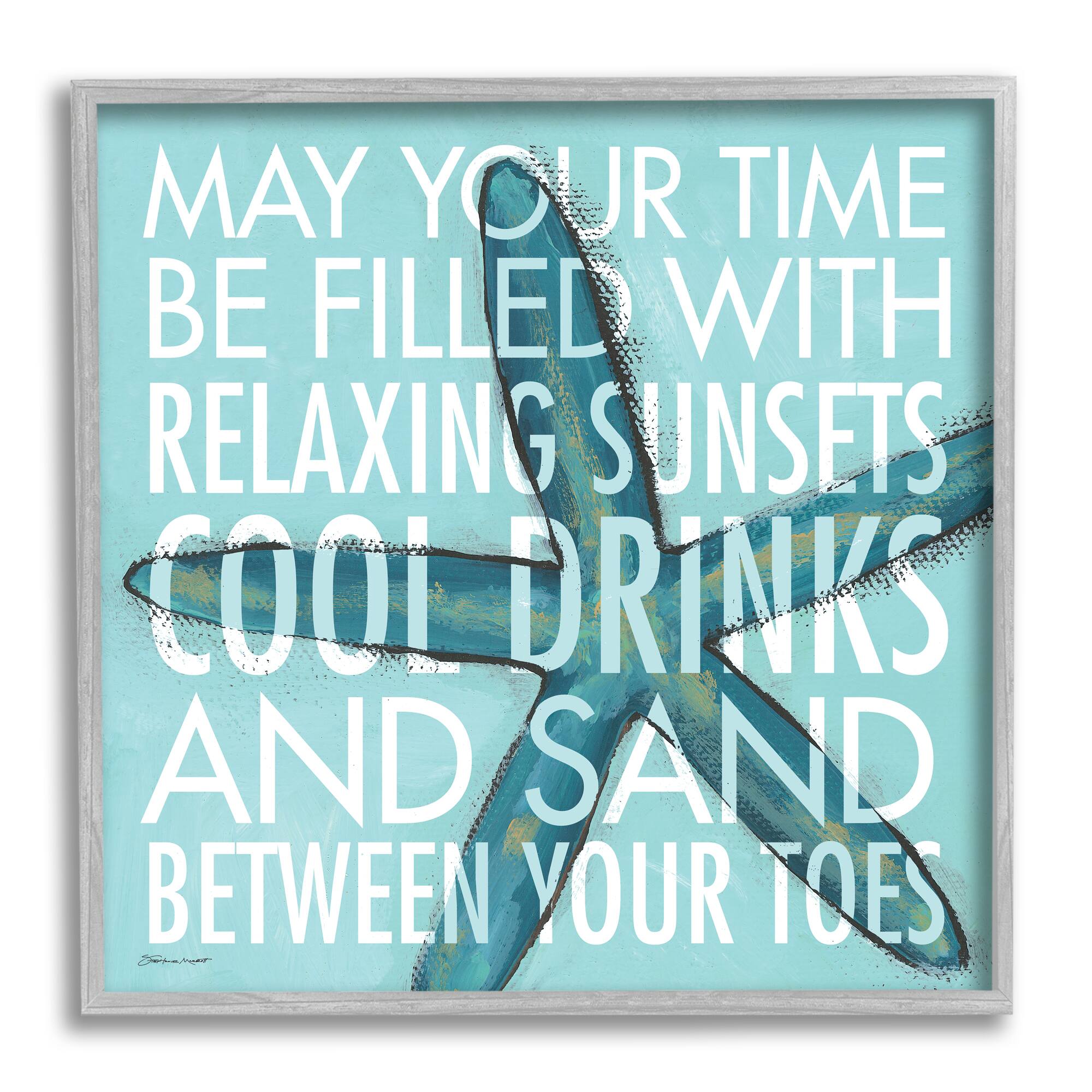 Stupell Industries Sunsets Cool Drinks Sand Beach Phrase Blue Starfish Framed Wall Art