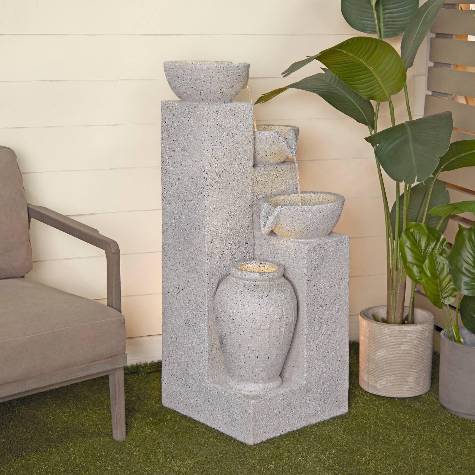 43.5&#x22; Light Gray Fiberglass 4-Tier Fountain with LED Light