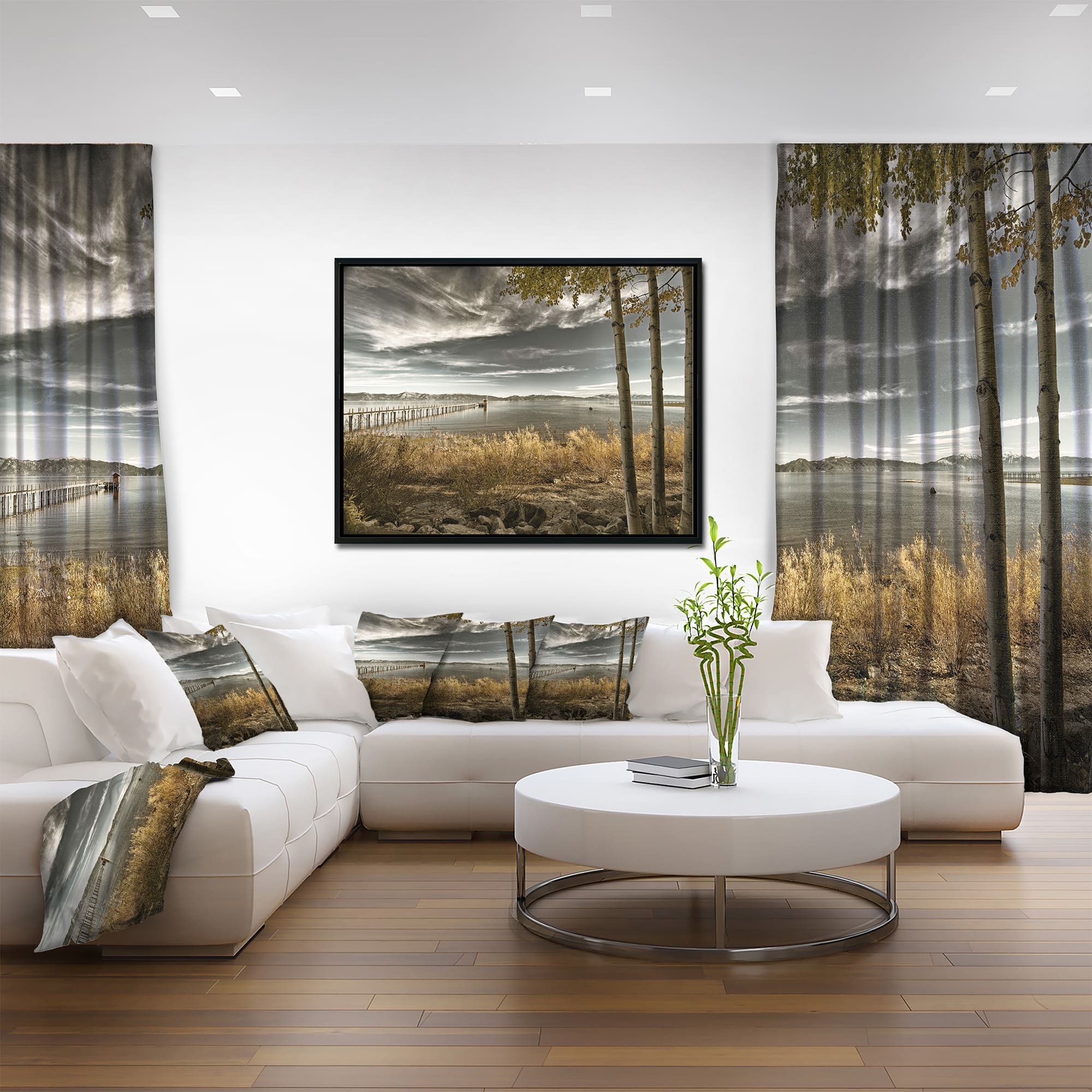 Designart - Pier in Brown Lake - Landscape Photo Canvas Art Print in Black Frame