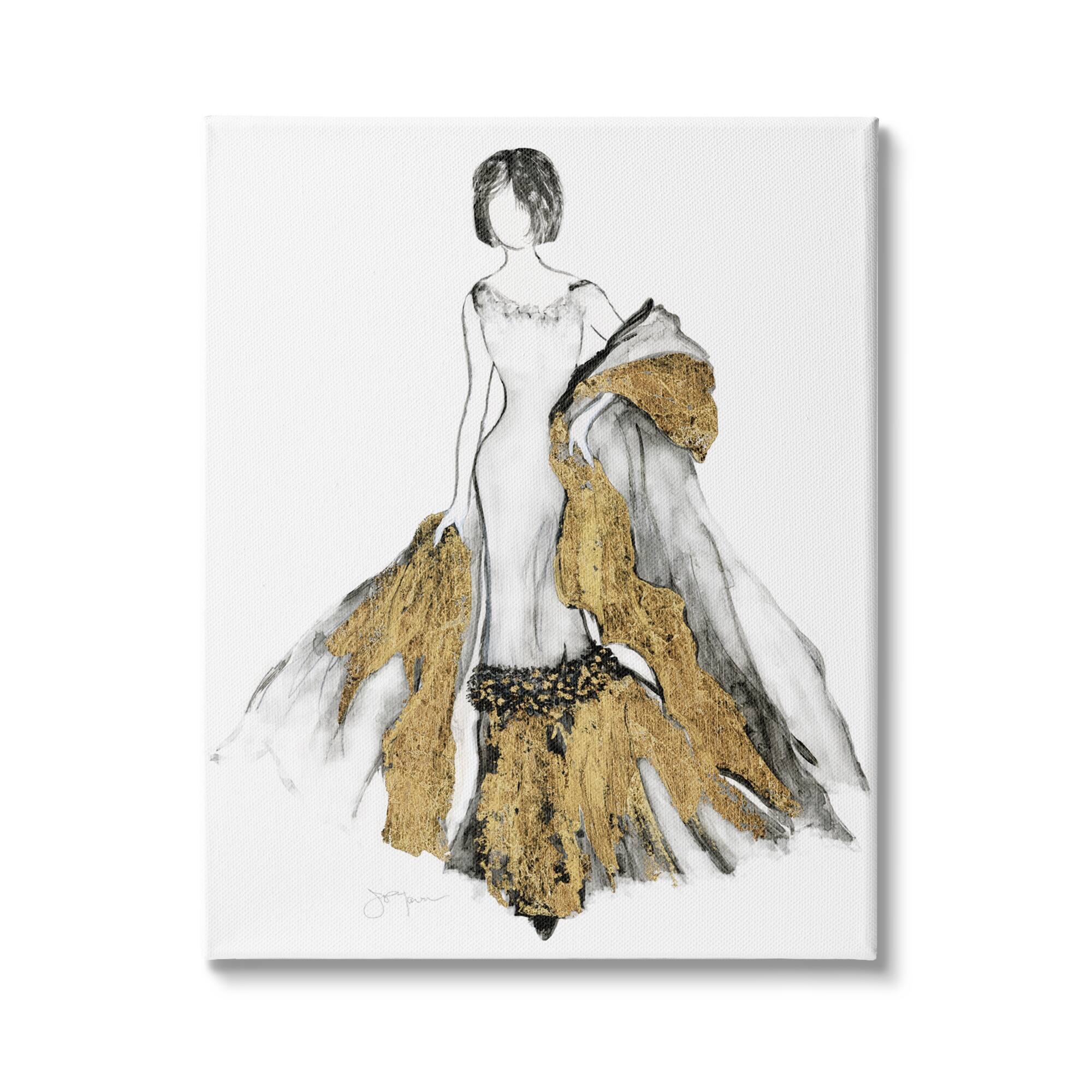 Stupell Industries Fashion Figure Drawing Female Glam Evening Gown Gold Canvas Wall Art