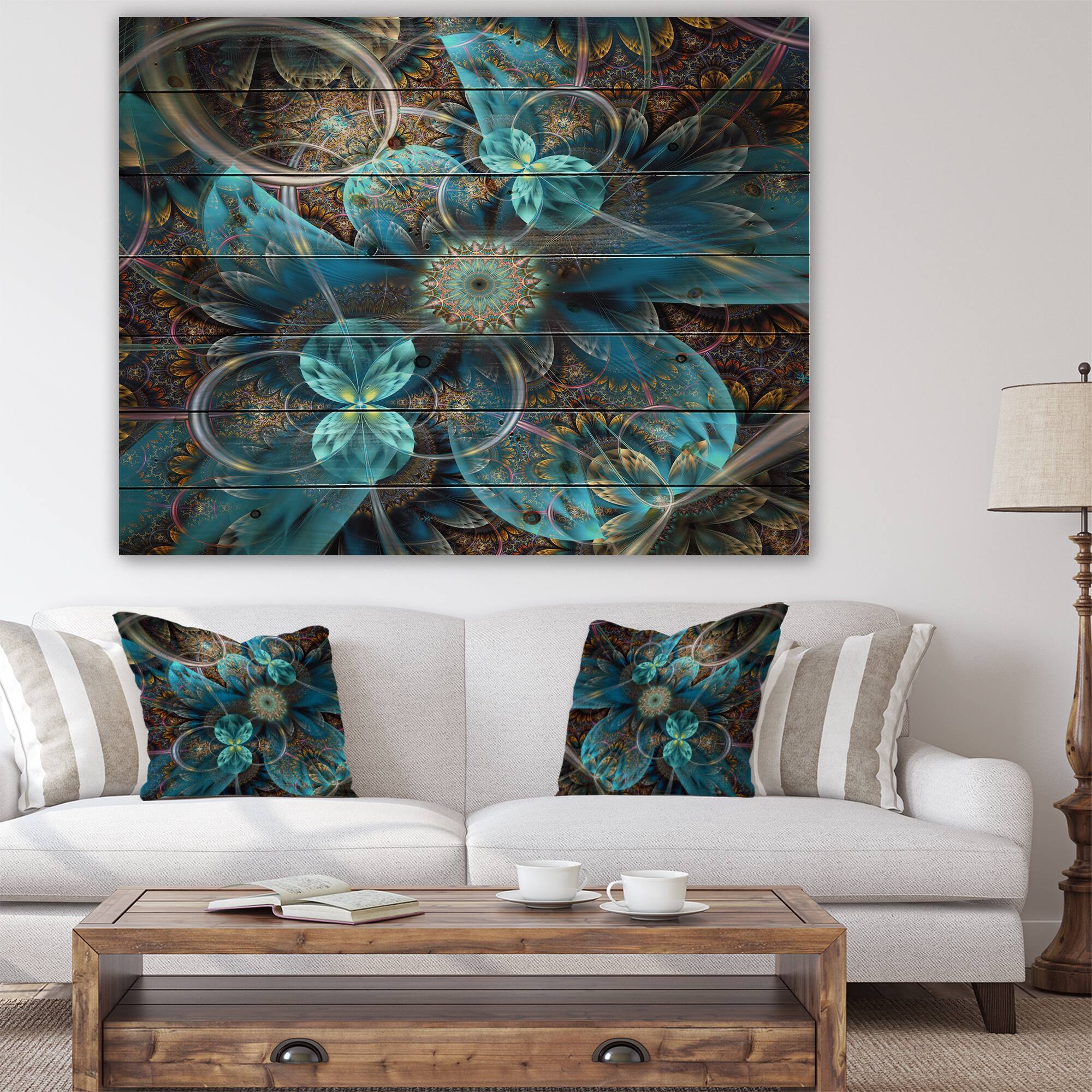 Designart - Fractal Blue Flowers - Floral Art Print on Natural Pine Wood